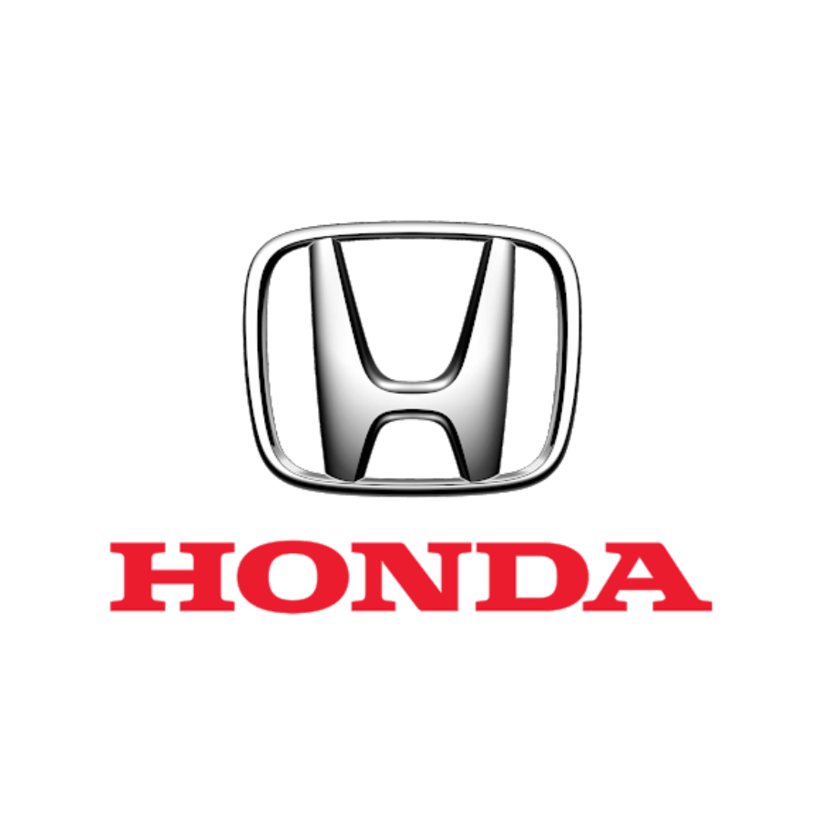 Honda logo with silver emblem above the word 'Honda' in red, bold letters.