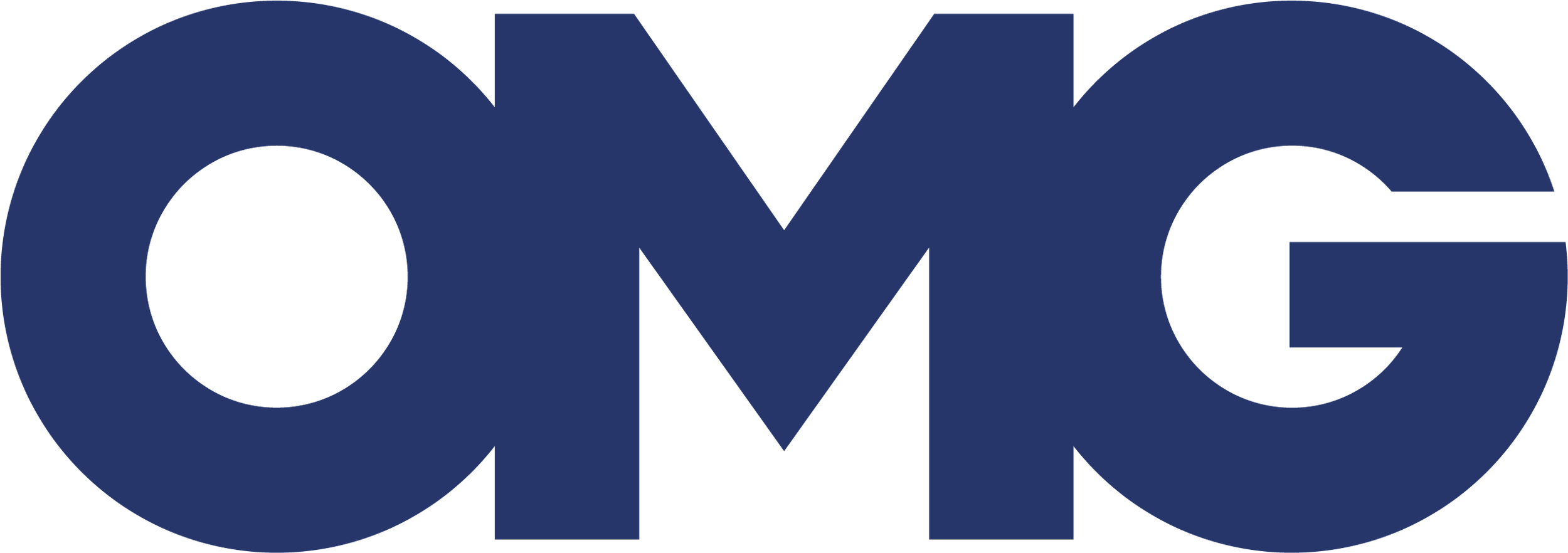 A large, stylized logo reading 'OMG' in bold navy blue letters.
