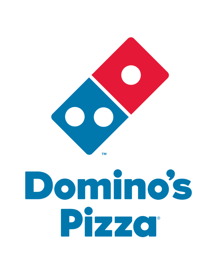 Logo of Domino's Pizza featuring a tilted red and blue domino tile and the text "Domino's Pizza" in blue.