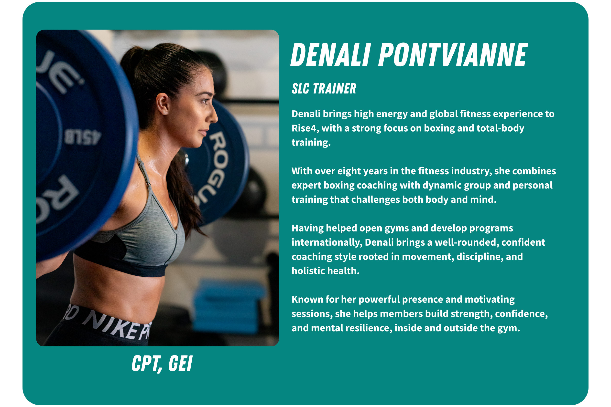 Photograph of a woman in workout gear lifting a barbell with weights at a gym, with a teal background panel featuring her name, title, and biography about her fitness and coaching experience.
