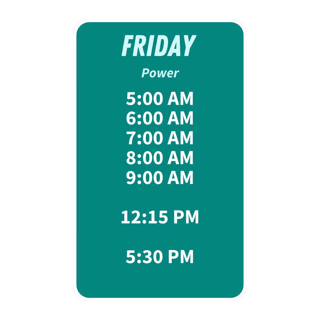 Schedule sign for Friday with power outage and recovery times, listing hourly outages from 5:00 AM to 9:00 AM, recovery flow at 12:00 PM, and additional outages at 4:30 PM and 5:30 PM.