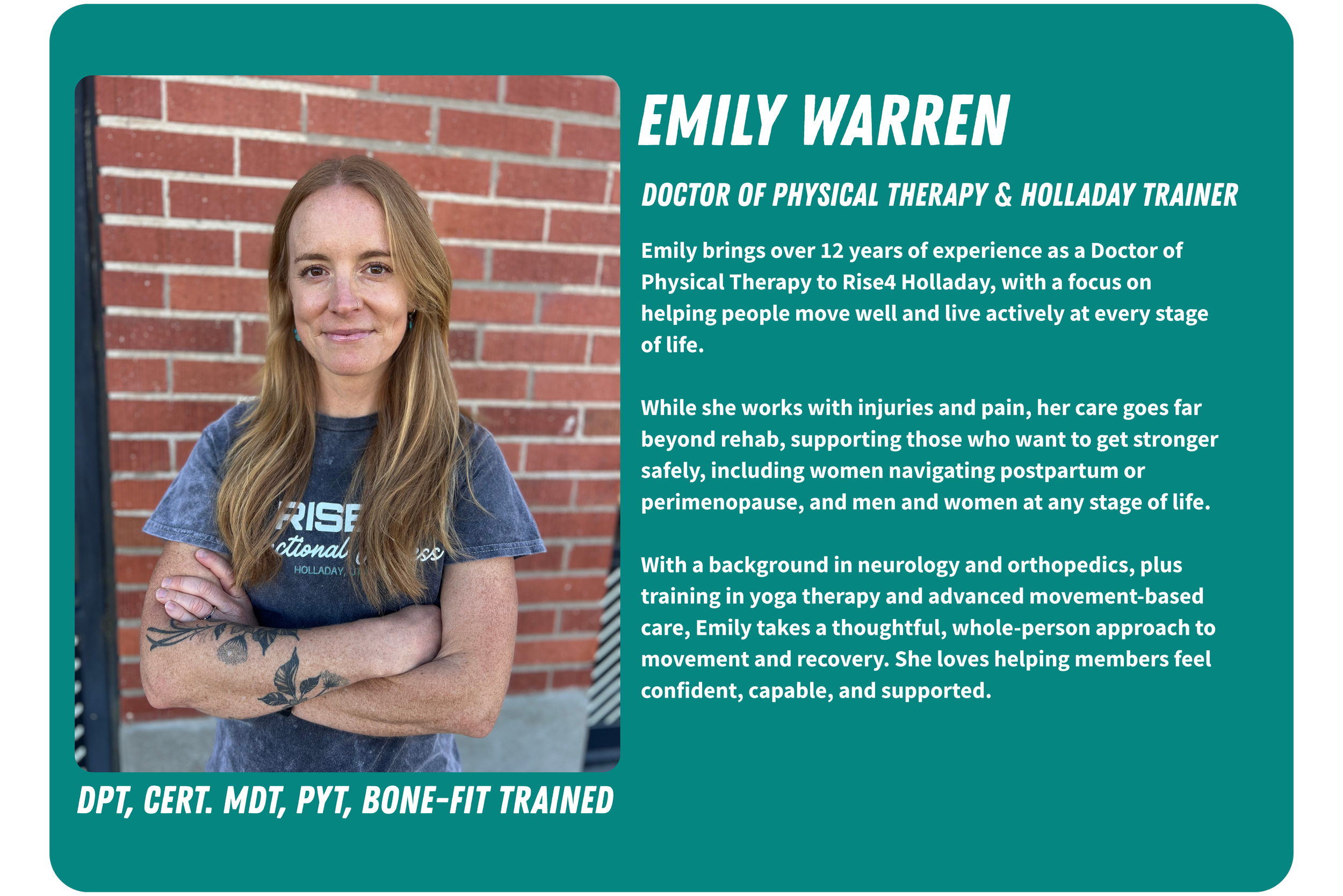 Profile card of Emily Warren, a physical therapist and Holladay trainer, with a photo of her standing against a brick wall, wearing a blue T-shirt, arms crossed, smiling. The card includes her name, titles, and a description of her experience and approach to therapy, mentioning her background in neurology, orthopedics, yoga, and movement-based care, as well as her qualifications.