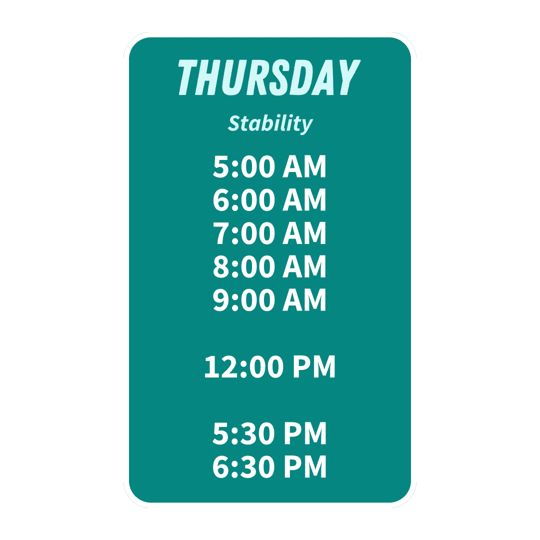 Schedule for Thursday with class times at 5:00 AM, 6:00 AM, 7:00 AM, 8:00 AM, 9:00 AM, 12:00 PM, 4:00 PM, 5:00 PM, and 6:00 PM, titled 'Strength'.