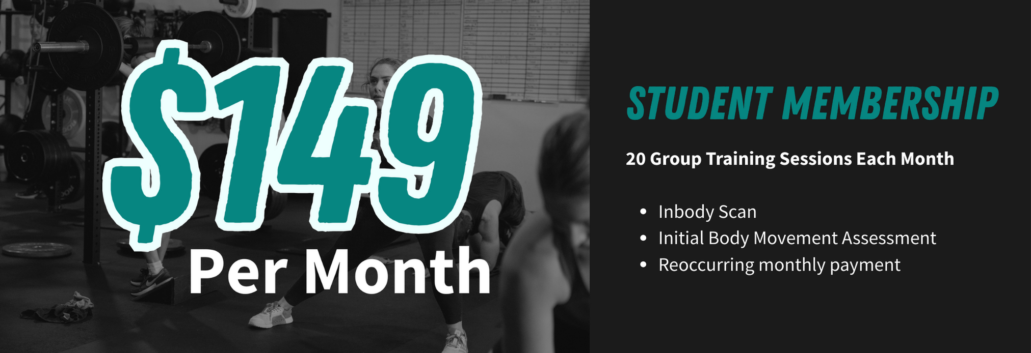 Promotion for student gym membership at $49 per month, with 20 group training sessions each month, including in-body scan, initial body movement assessment, and recurring monthly payment, overlayed on a photo of people doing strength training.