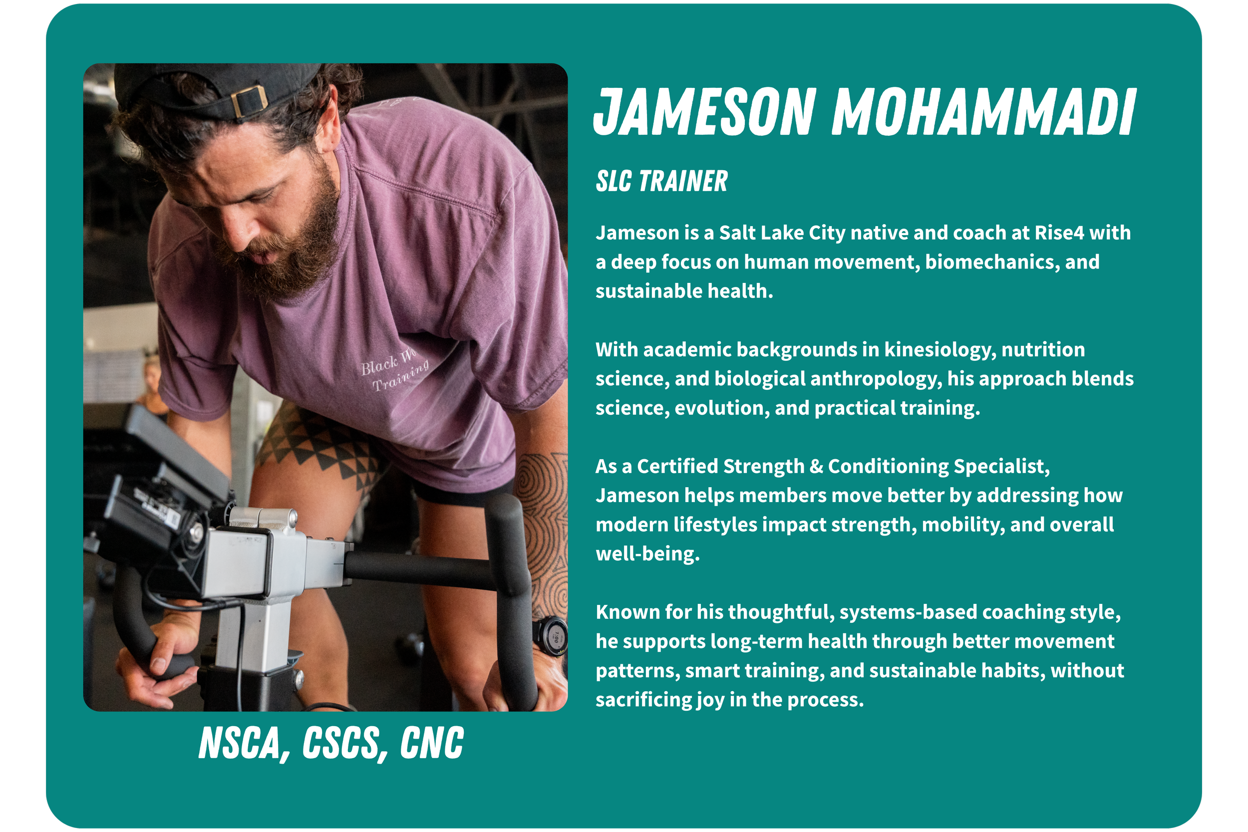 A man wearing a purple T-shirt and a black cap, working out on a stationary bike at a gym. Text on the image describes Jameson Mohammadi, a Salt Lake City native and coach, with details about his background, training philosophy, and certifications, including NSCA, CSCS, and CNC.