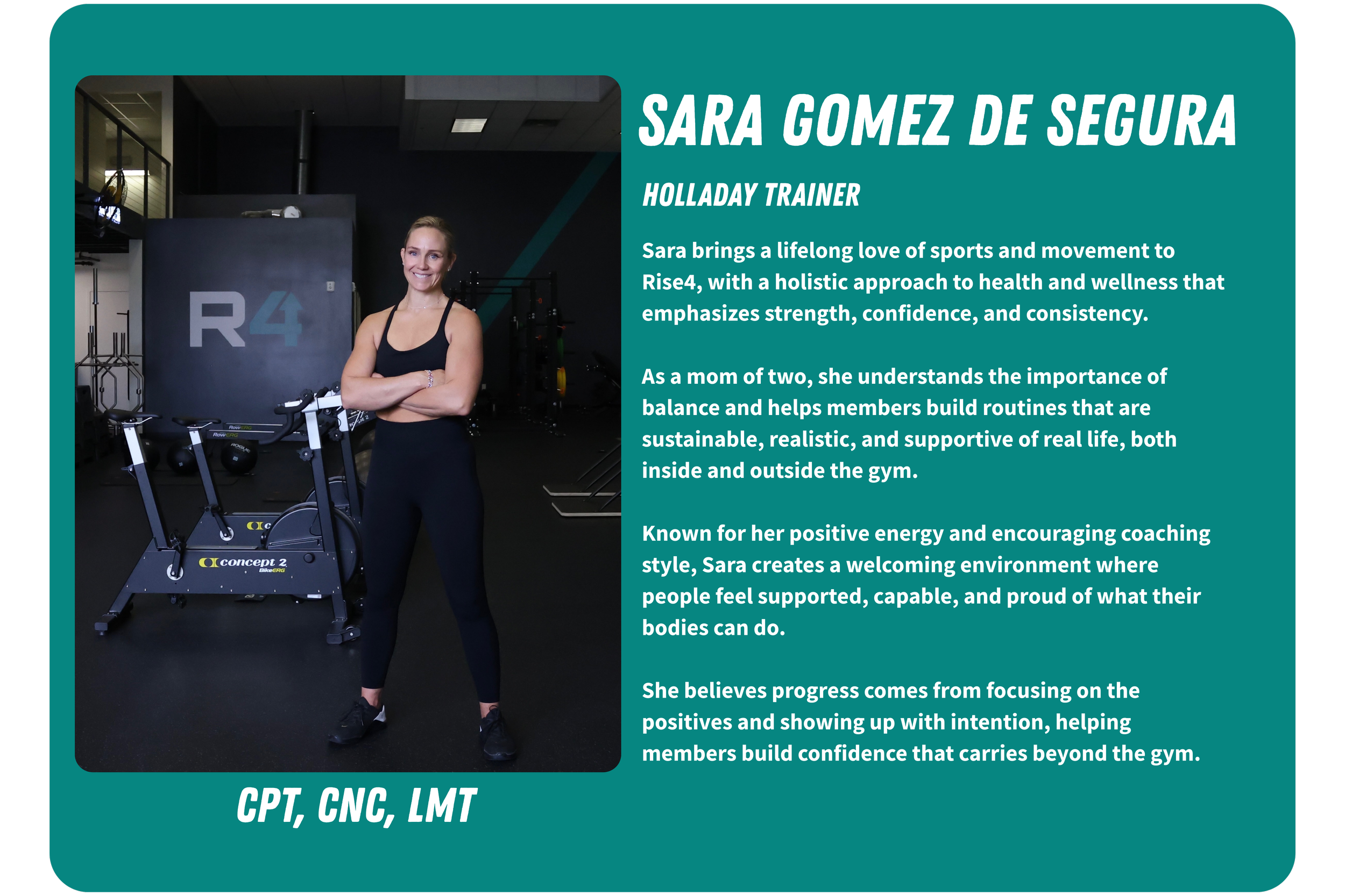 A professional profile featuring Sara Gomez de Segura, a fitness trainer, standing in a gym beside a stationary exercise bike. The profile highlights her love for sports, movement, and her role as a mom, emphasizing support, confidence, and positive energy. Text includes her credentials: CPT, CNC, LMT.
