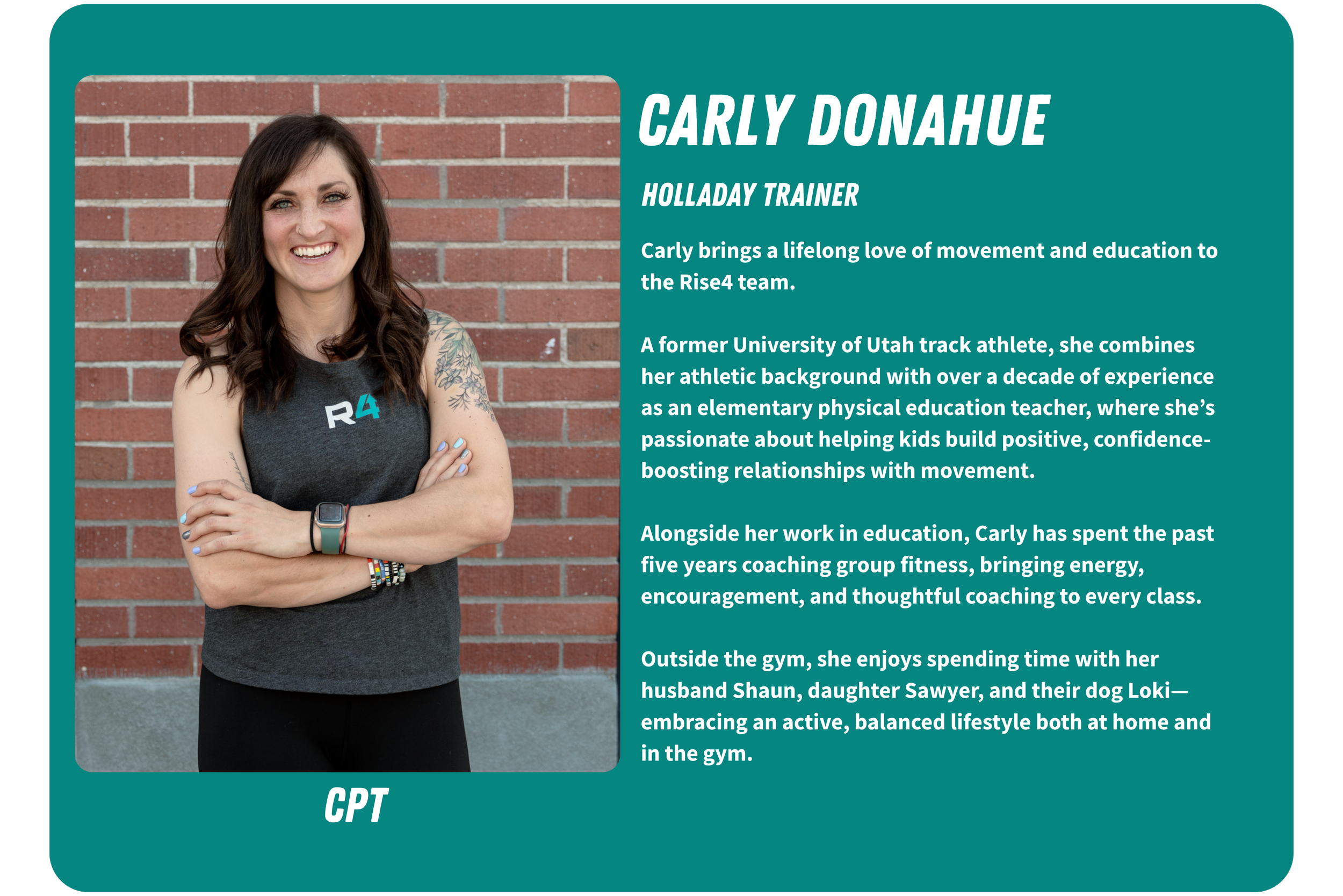 A woman with shoulder-length dark brown hair, smiling, arms crossed, wearing a sleeveless gray top with R4 logo, standing in front of a brick wall.