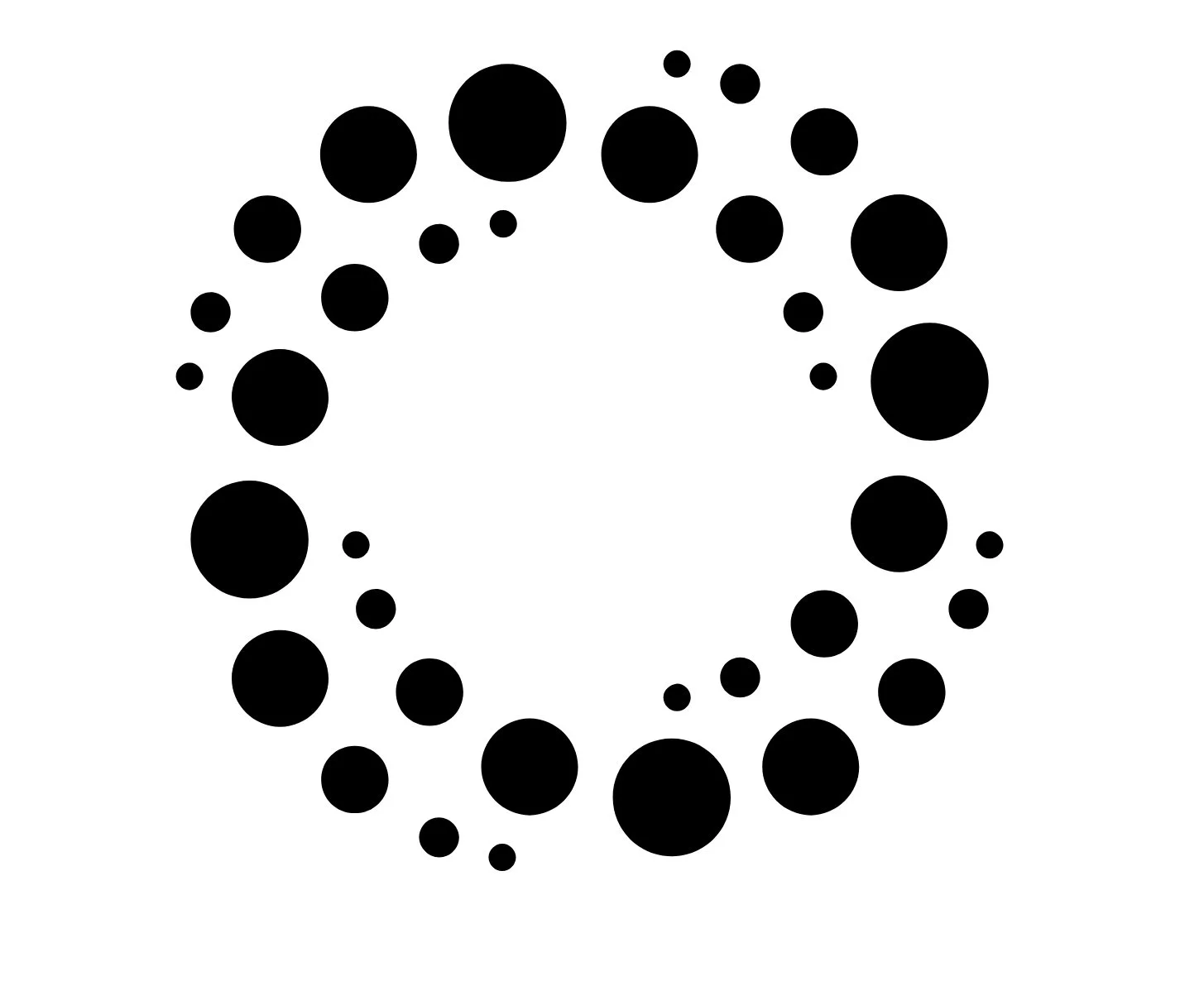 Arrangement of black circles of varying sizes in a circular pattern on a white background.