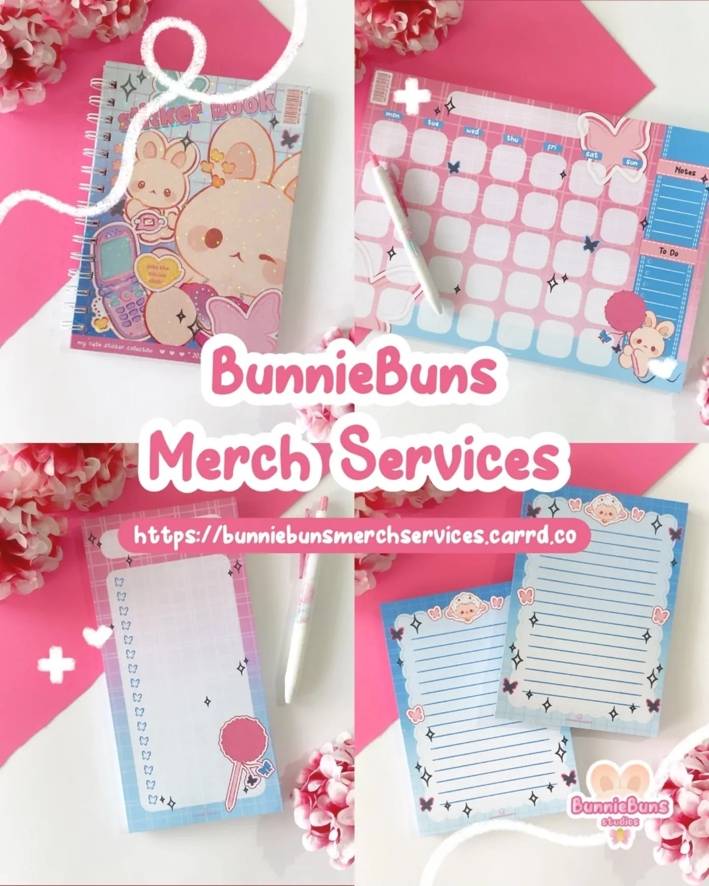 BunnieBuns custom merch services is finally live and ready to bring your cute notepads and adorable sticker books to life! 🤗🌷

It's hard to get into merch production and try new things with such a small MOQ, for that reason I make most of the Bunni