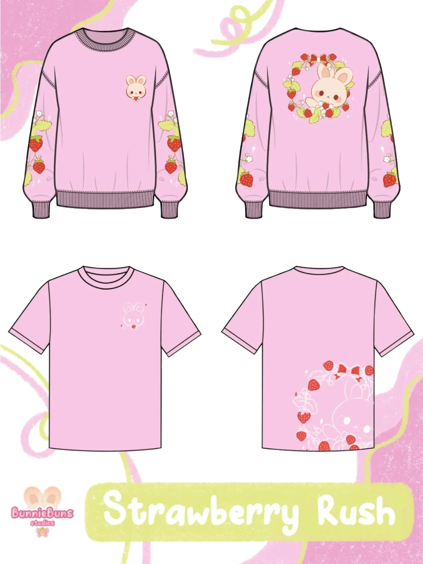 A look at the Strawberry apparel! We have sweaters and t-shirts available. 🥰 🍓

I've already been selling these at cons and markets and hope to release them soon to the online shop so that you can all get hands in the comfiest sweatshirts and adora