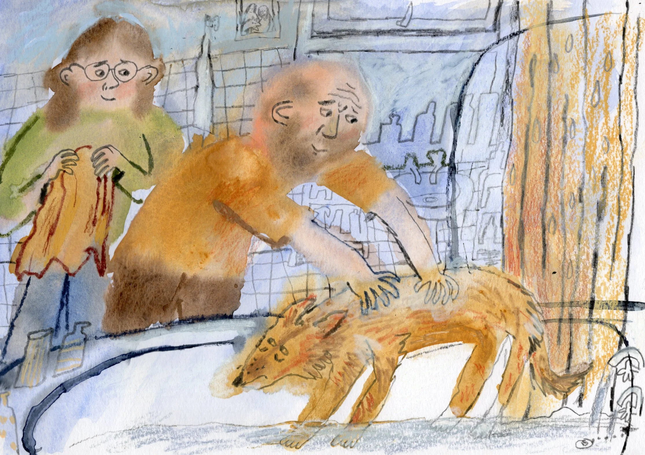 A watercolour illustration of Joanna Cuper and her partner washing their dog Frenzy in their blue bathroom. The dog appears to be unhappy as he probably doesn't like water and being wet.