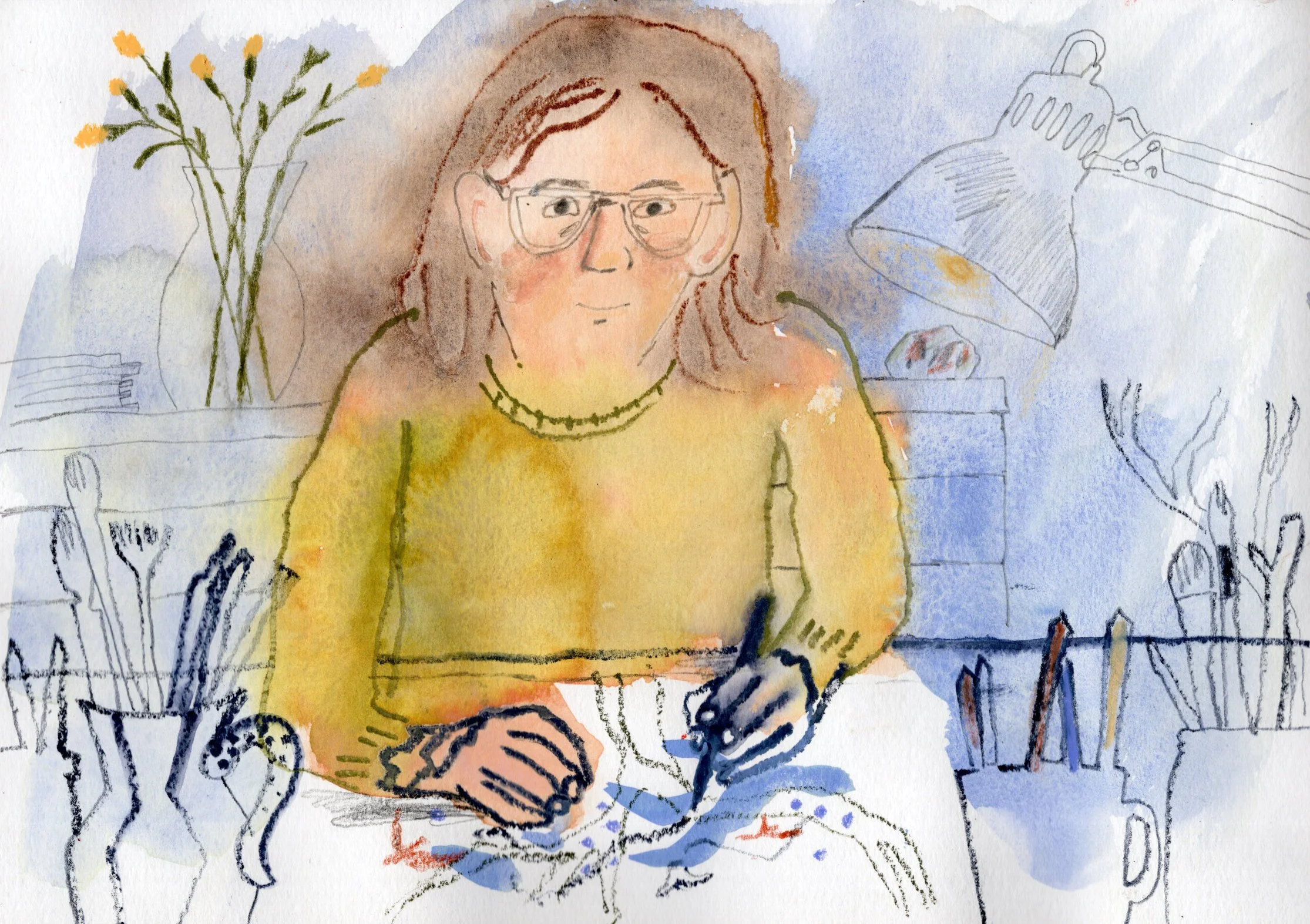 A watercolour and crayons drawing of Joanna Cuper sitting by the desk and drawing.