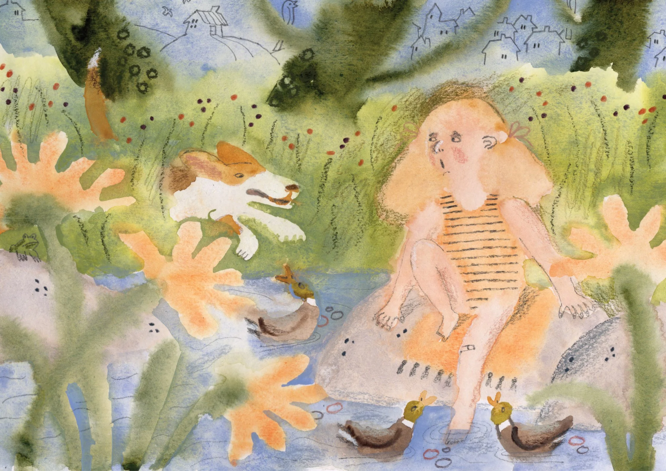 Watercolor and crayons illustration of a girl with long, blond hair wearing a striped swim-suit and sitting by the river. The girl is surprised by a beagle attacking ducks.