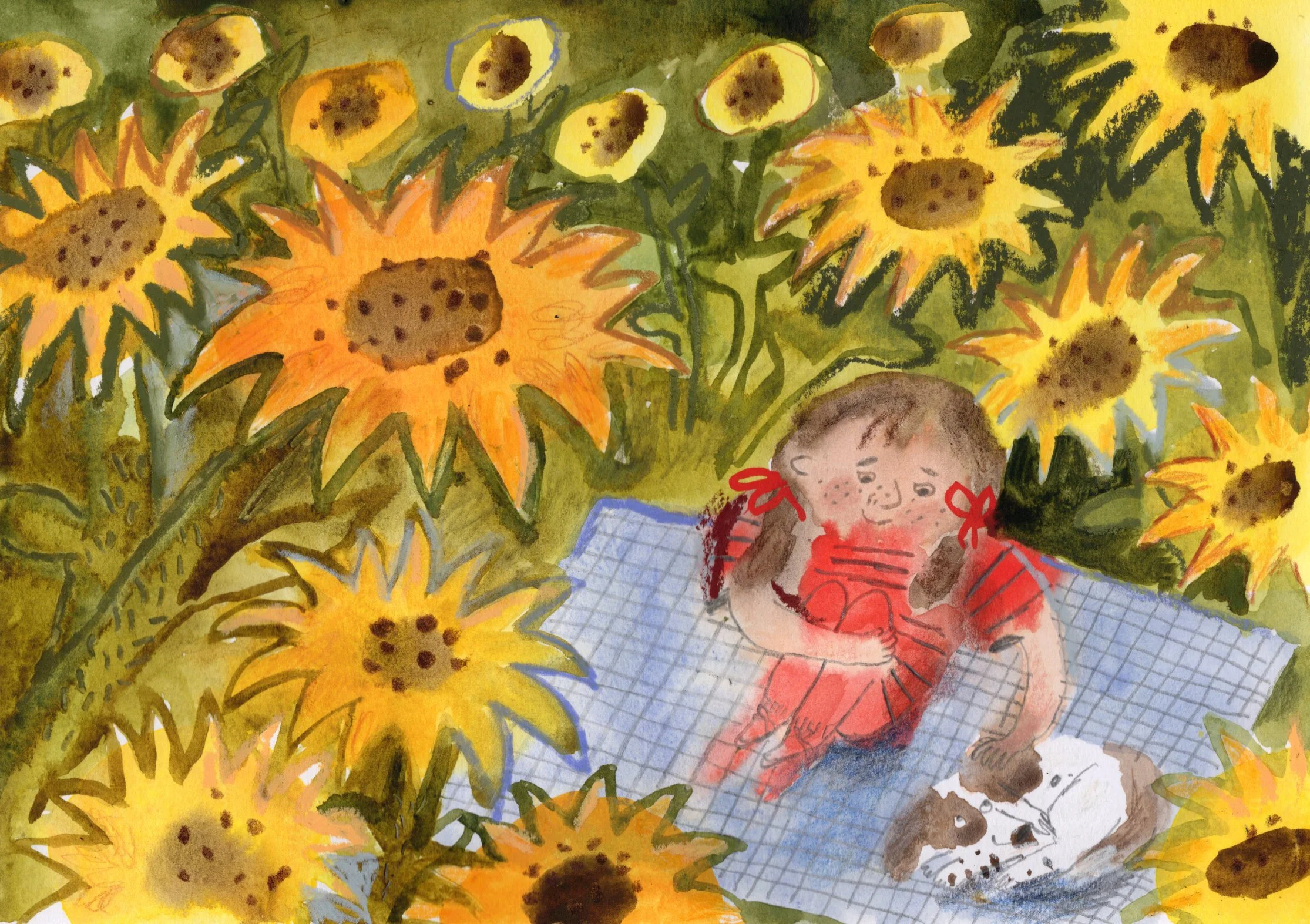 A stunning watercolour ,crayons and pastel painting of a girl and her spaniel picnicking in a sunflowers field.