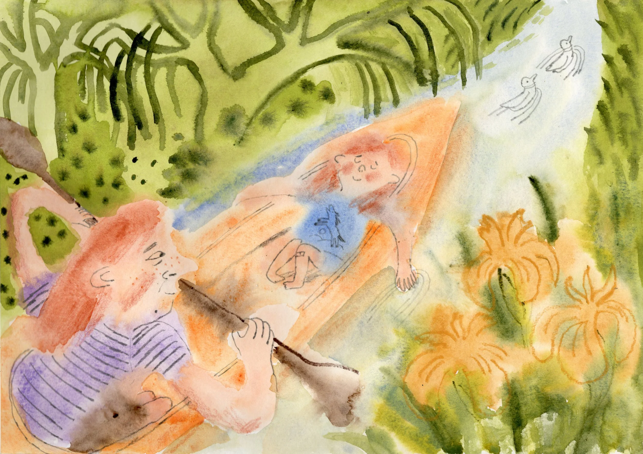 A watercolor painting depicting a nature scene with Mum and her red-head daughter kayaking. There are surrounded by nature in blossom.