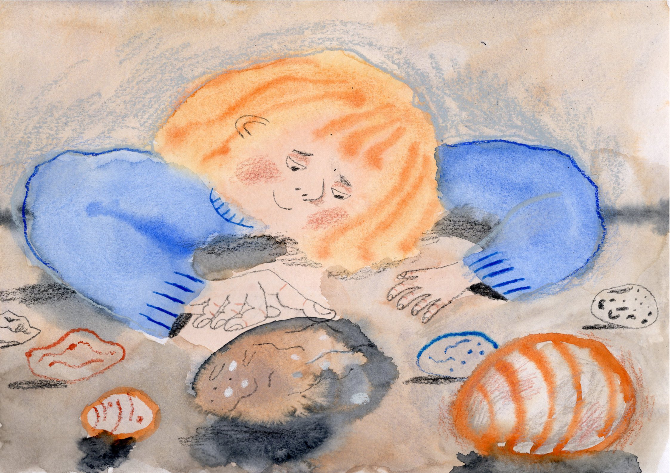 Watercolor and crayons painting of a child with orange hair and fair skin, wearing a blue shirt, sitting at a table, touching a stone, surrounded by orange, black, and blue stones.
