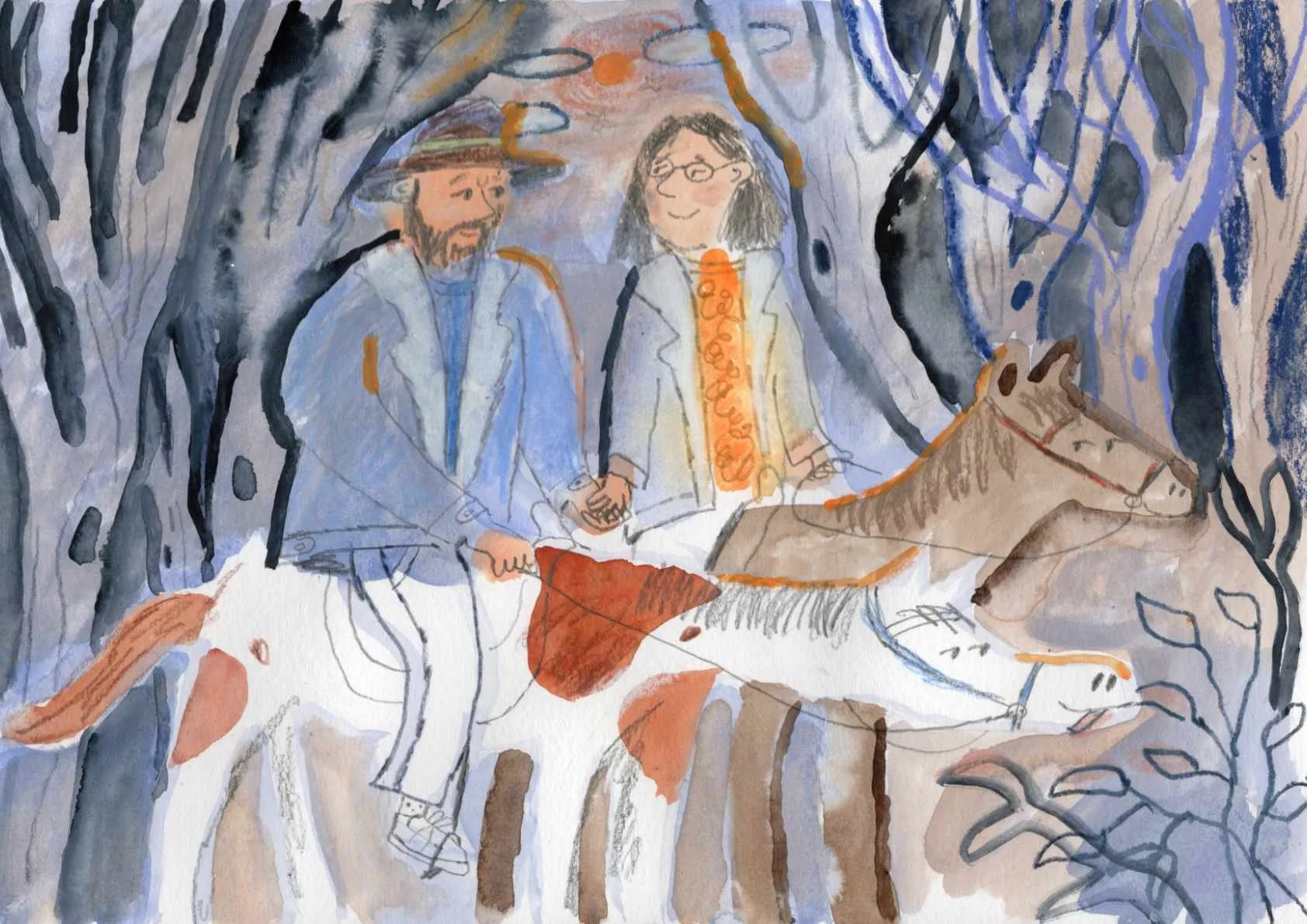 A watercolor, crayons and pencil painting of a man and woman riding horses through a wooded area in New Ollerton. The man has a beard and is wearing a hat, while the woman has glasses and long hair. They are surrounded by trees with dark branches. We