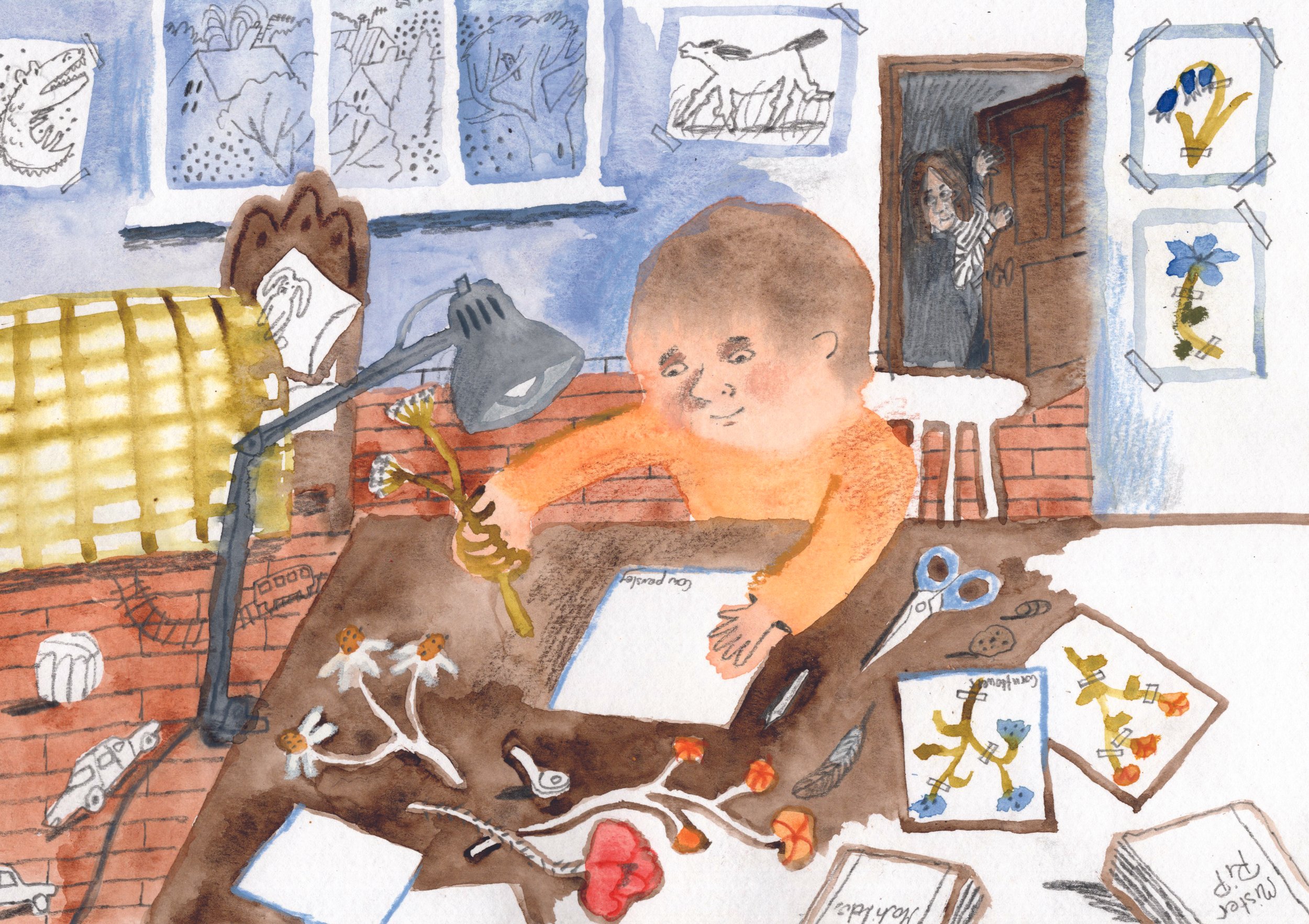 A watercolor and crayons illustration of a child's bedroom where a small boy is collecting dried flowers, attaching them to a piece of paper and naming them. The walls are decorated with sketches and colorfull drawings.