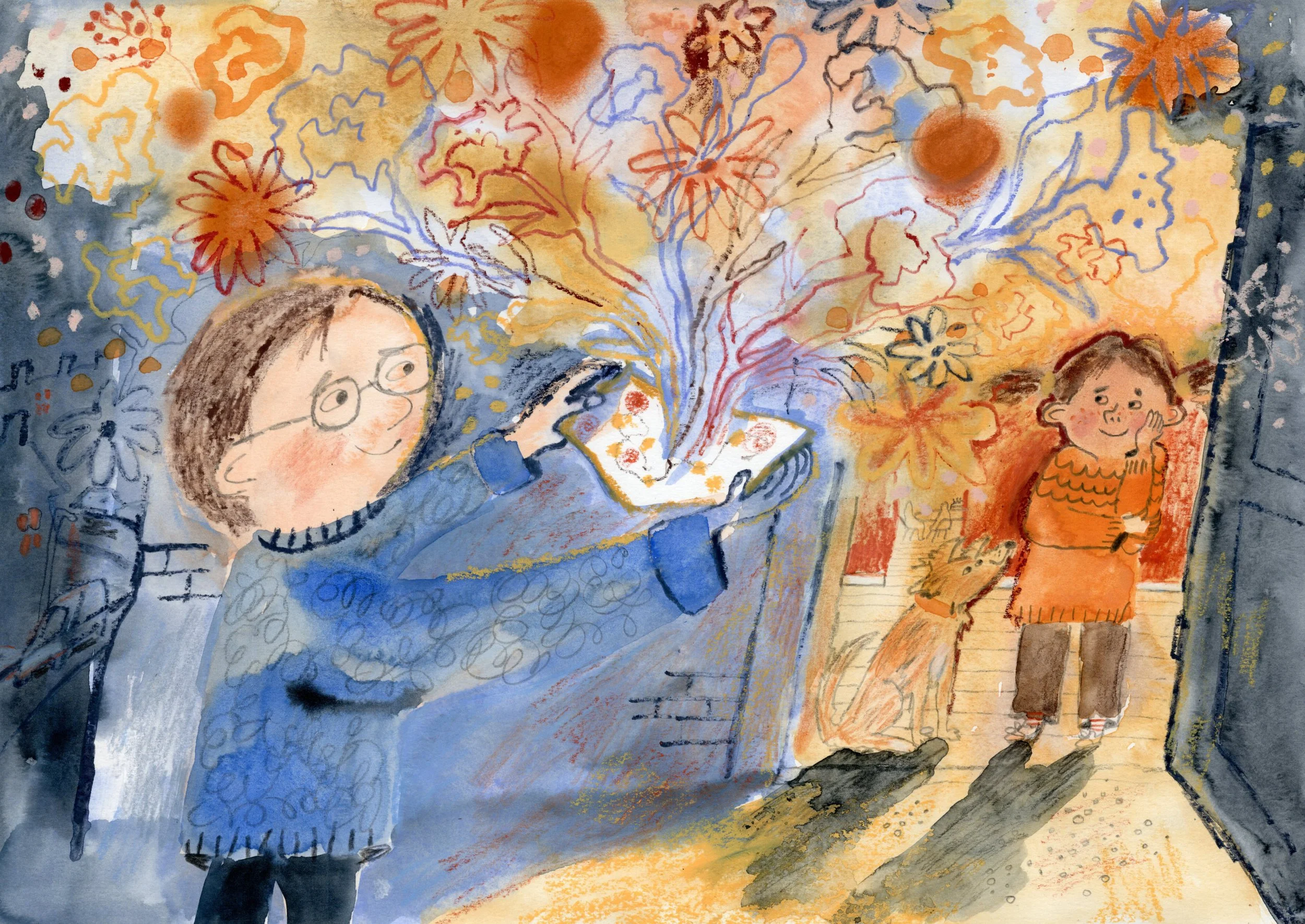 A boy giving a birthday card to a girl standing inside a house with her dog. We can see a birthday party behind her. An imaginative bouquet of flowers appears from the card.