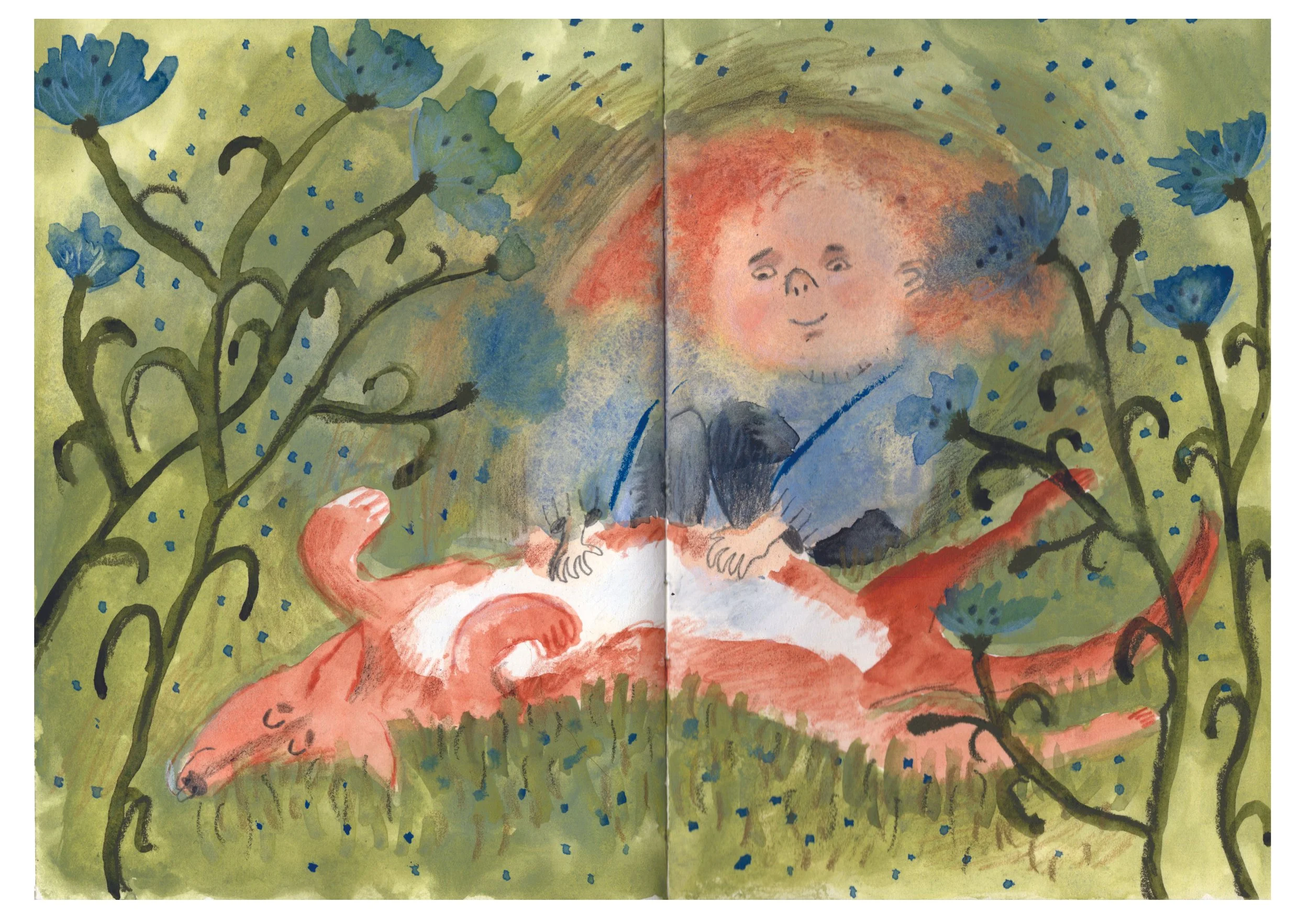 A watercolor and crayons illustration of a girl with curly orange hair, surrounded by green grass and flowering plants. The girl is petting a copper dog laying on his back. 