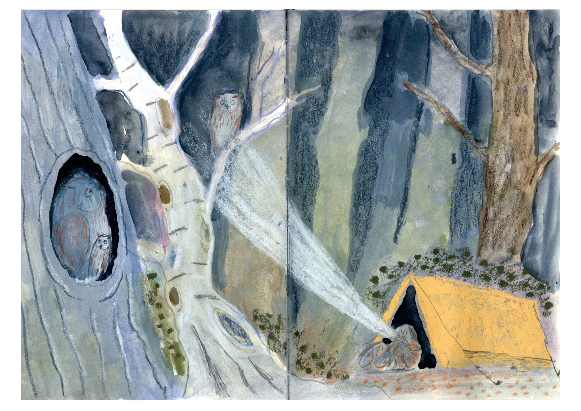 Watercolor painting of a nighttime forest scene with three owls on a tree trunk and branches, a person sitting outside a yellow tent, and a bright flashlight illuminating the scene.