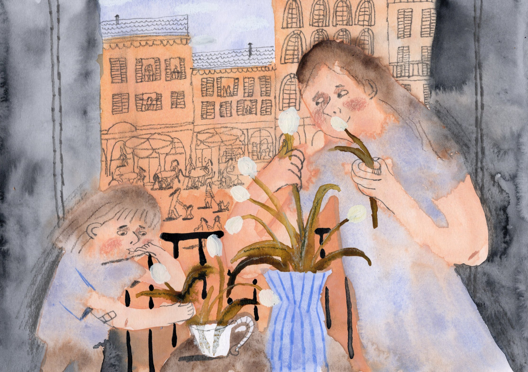 Mather and daughter arranging white tulips in vases. Mum is looking proudly at her daughter. In the background we can see busy, Italian town.