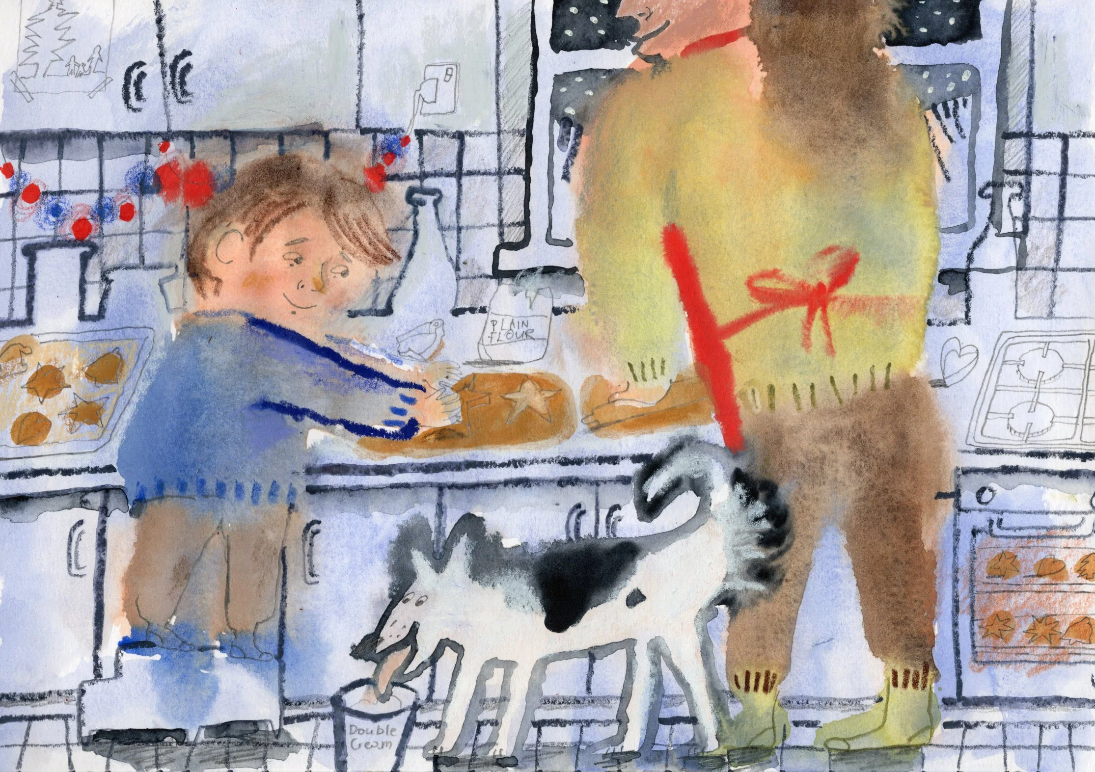 A small boy and his om are preparing Christmas gingerbread cookies. We can see the god licking a plastic cup at the front. In the back through the window we can see snowy, night scene.