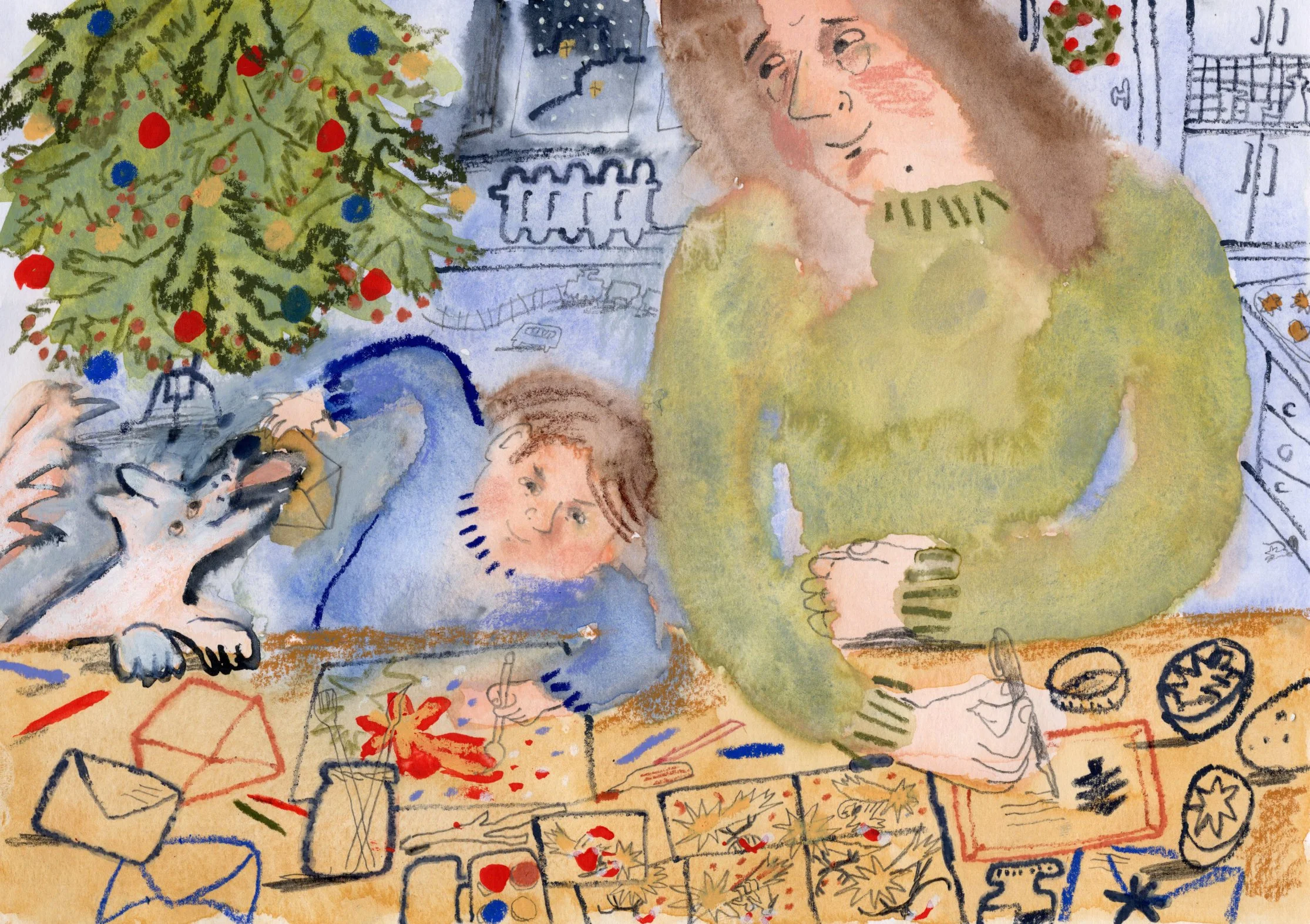 A mum, small boy and a dog are sitting by the Christmas tree writing Christmas cards.