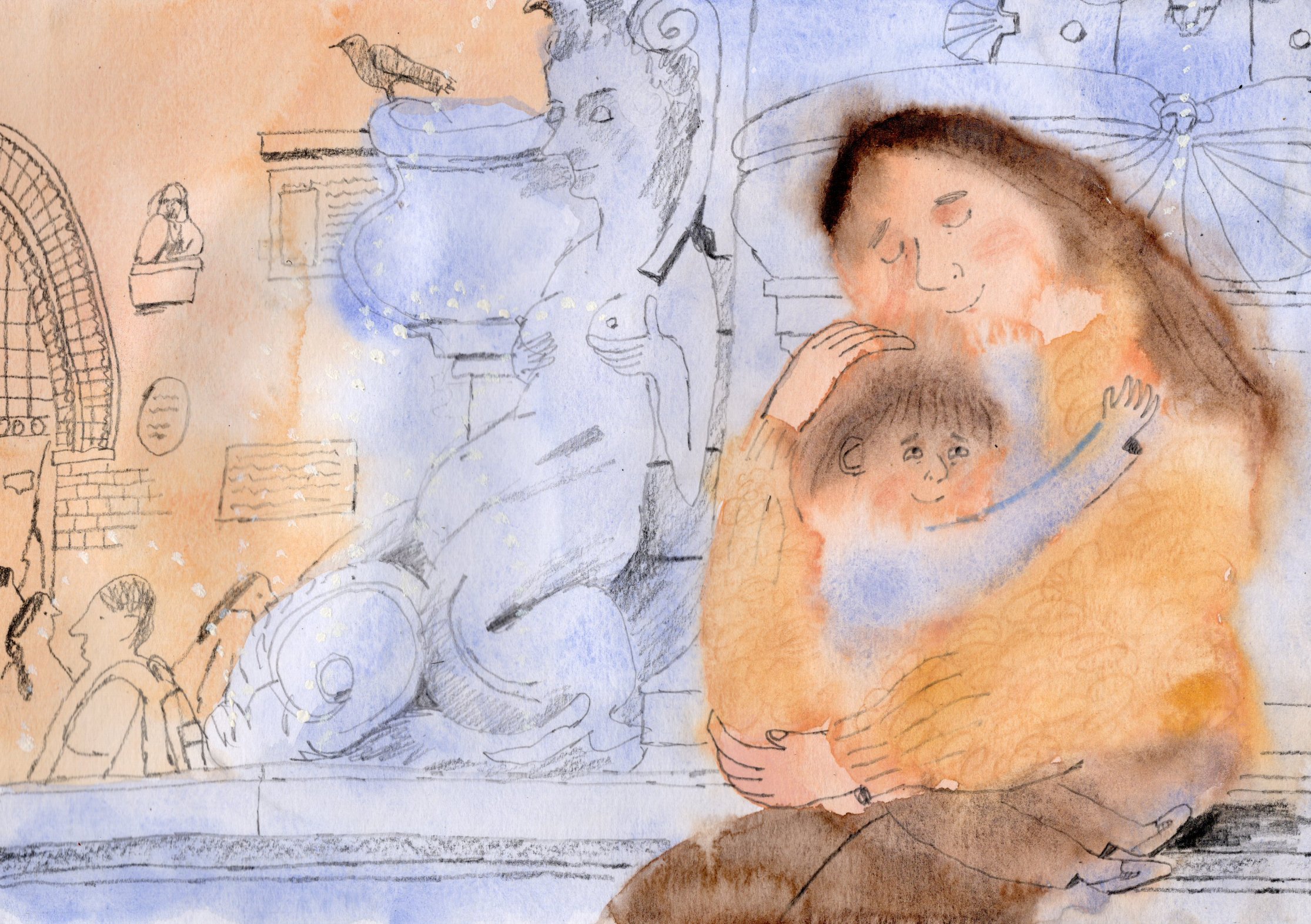 A young woman lovingly hugging her daughter. The sit on the edge of the fountain in Bologna. There's a crowd in the background.