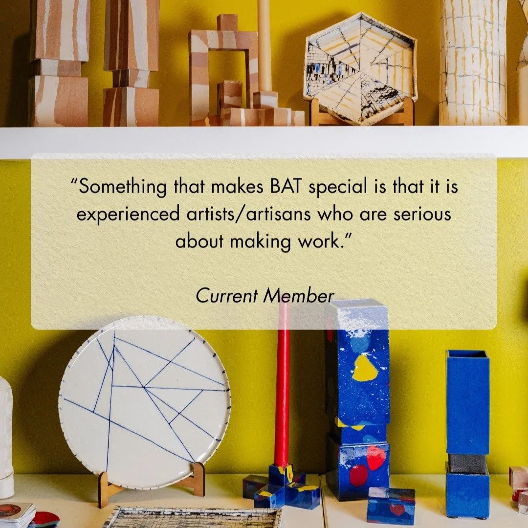 What BAT Clay members have to say about the studio...

Membership is offered at 3 tiers:

semi-private: 350/month
(36" x 30" personal workspace with shelving and cubby)

large semi-private: 380/month
(42" x 30" personal workspace 