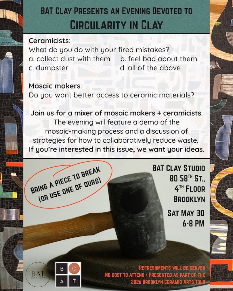 Join us on May 30 to connect ceramics with mosaics in an effort to reduce ceramic waste. The event will feature an interactive lesson in mosaic making. Bring your own ceramic item to turn into a small mosaic.

Presented as part of the 2026 @brooklync