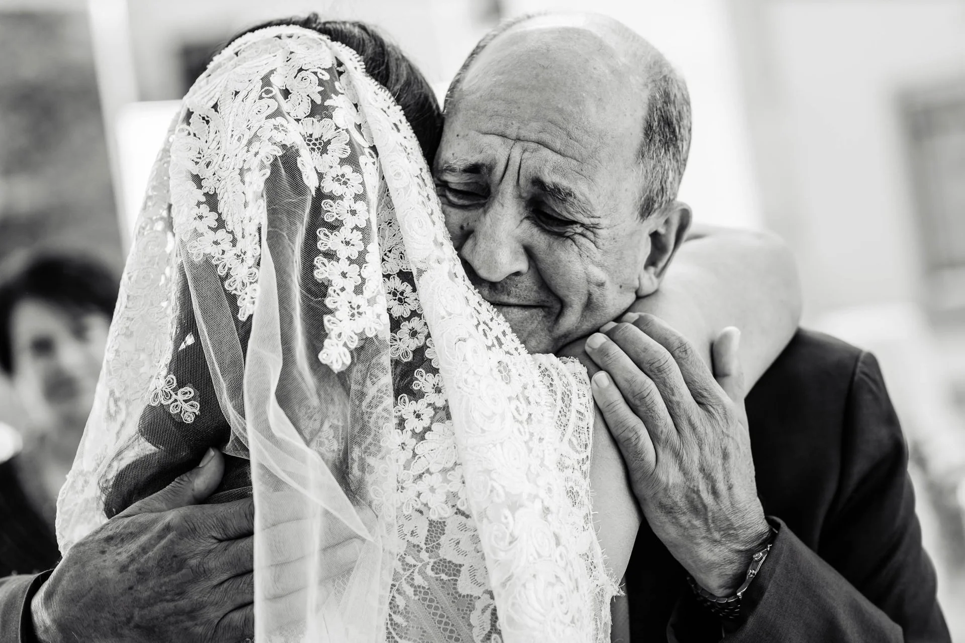 The Drake Hotel | father of the bride hugs his daughter after first seeing her on the wedding day | Chicago IL