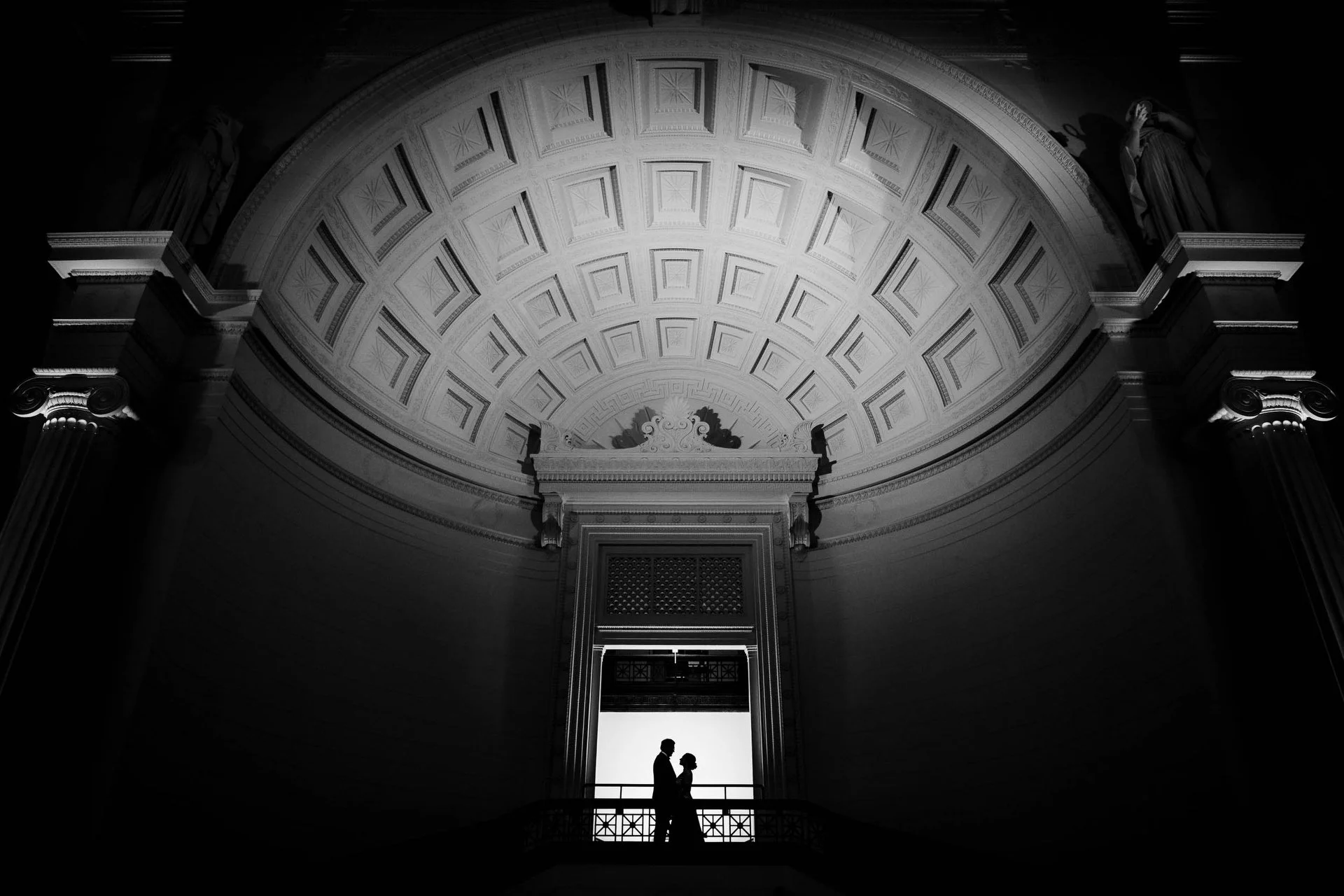 Field Museum | creative silhouette portrait of the bride and groom before their wedding reception | Chicago IL