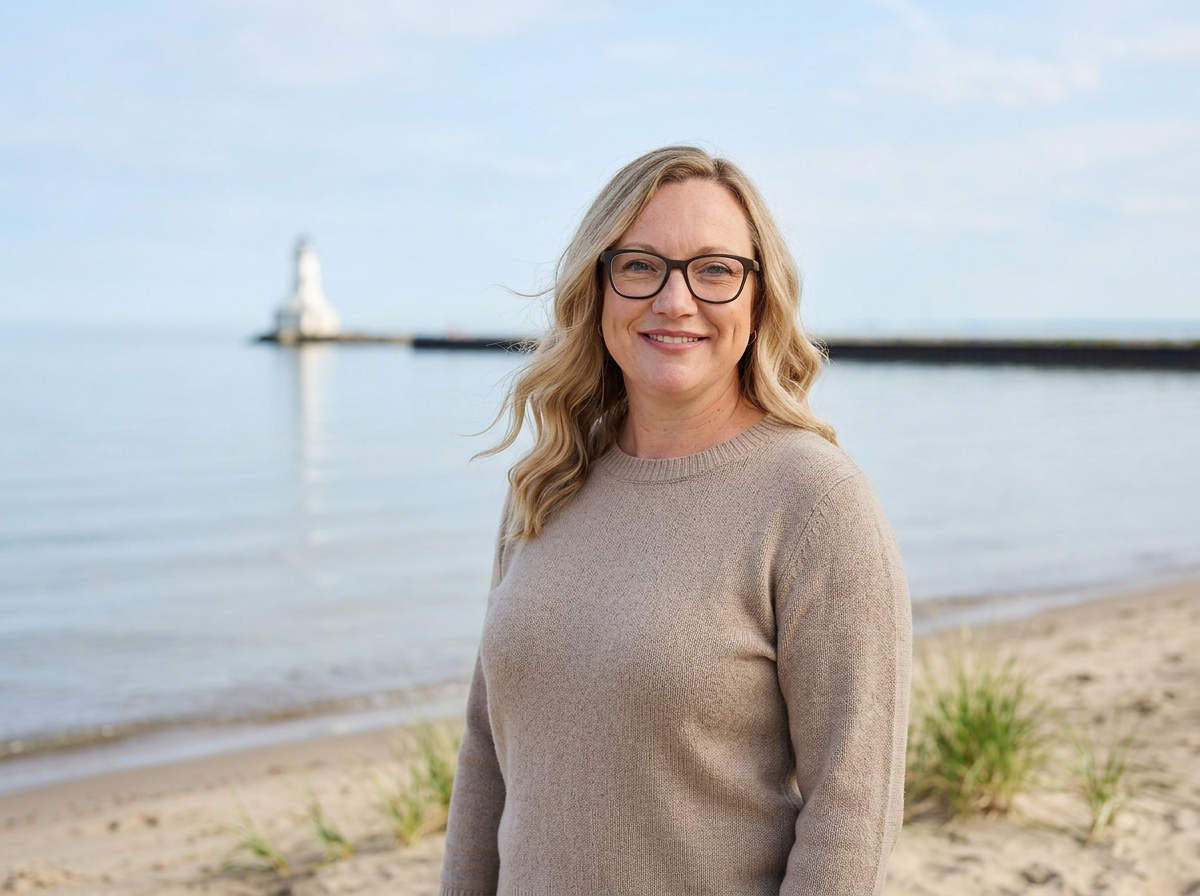 Laura Kimball, founder of By the Lake Virtual Assistant & Co., by the Lake Ontario waterfront.
