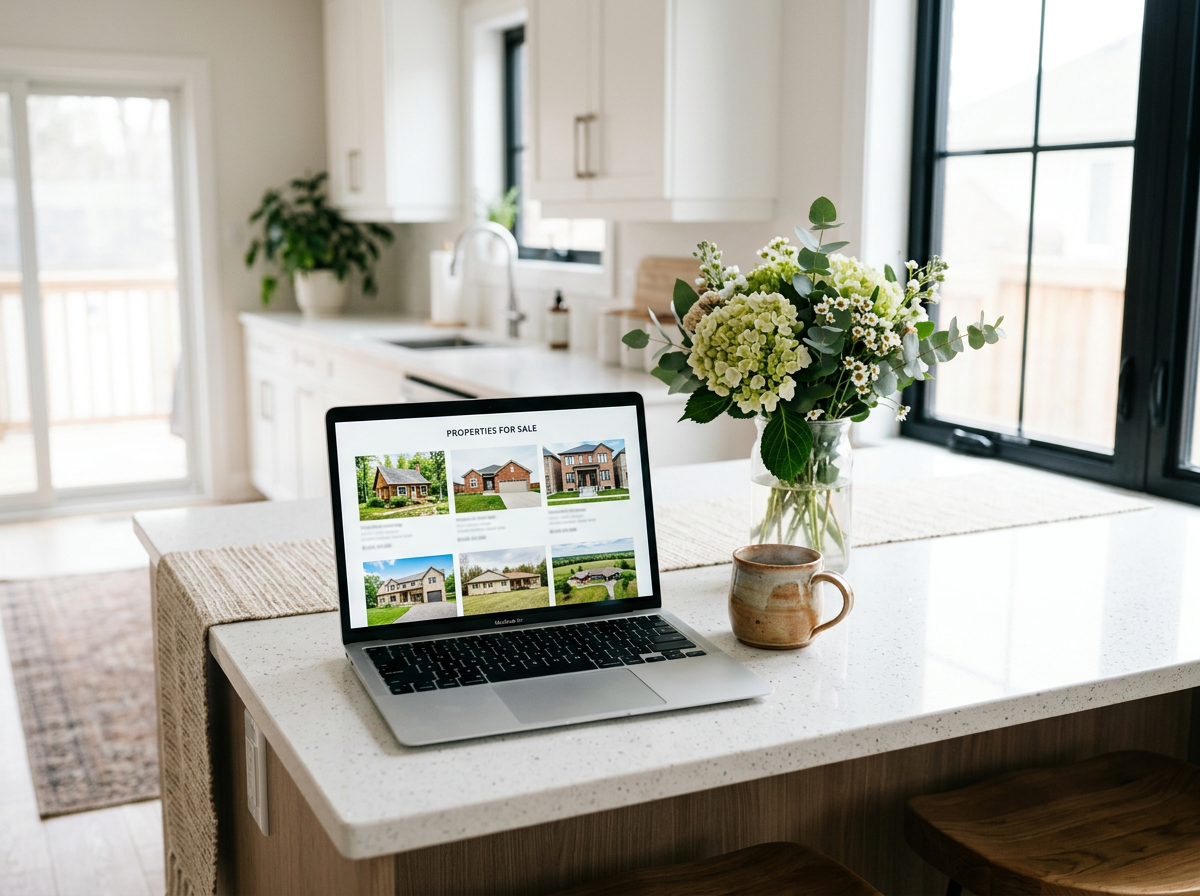 Laptop displaying real estate listings in a bright home workspace.
