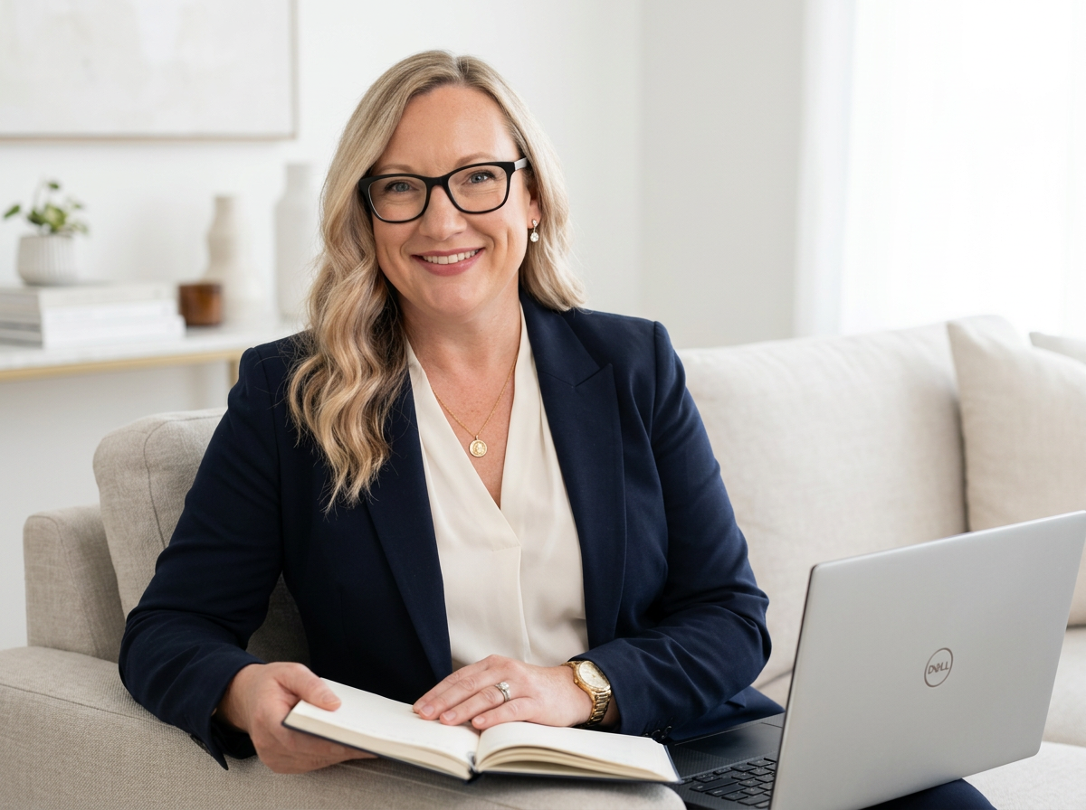 Laura Kimball, founder of By the Lake Virtual Assistant & Co., working with a laptop and notebook.