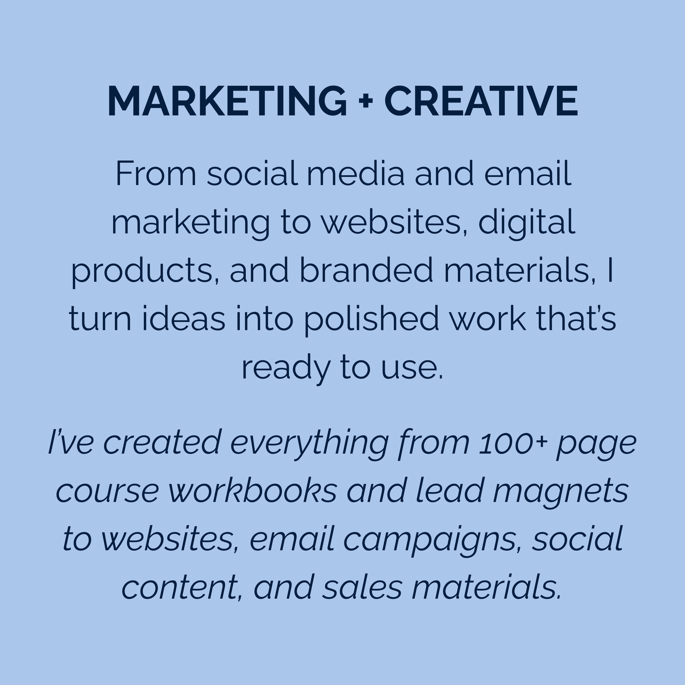 Marketing and creative support including social media, email marketing, websites and branded business materials.