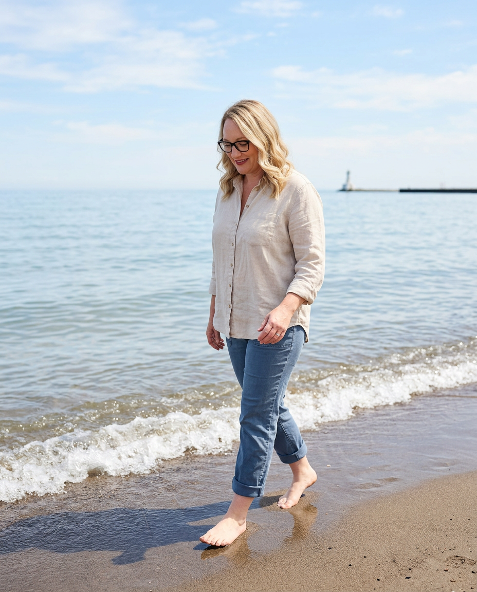 Laura Kimball walking along the Lake Ontario waterfront near Cobourg, Ontario.