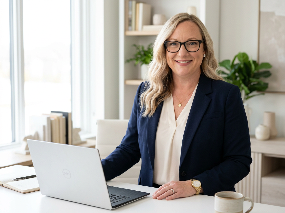 Laura Kimball, founder of By the Lake Virtual Assistant & Co., working at her desk.