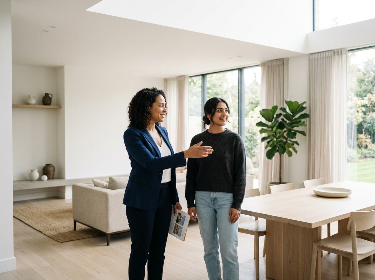 REALTOR® showing a bright modern home to a prospective buyer.