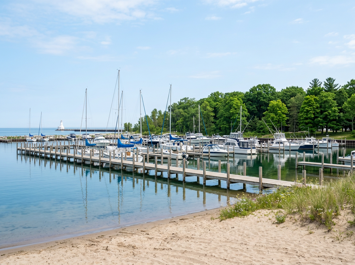 Boats docked at a Lake Ontario marina with a sandy shoreline and trees.