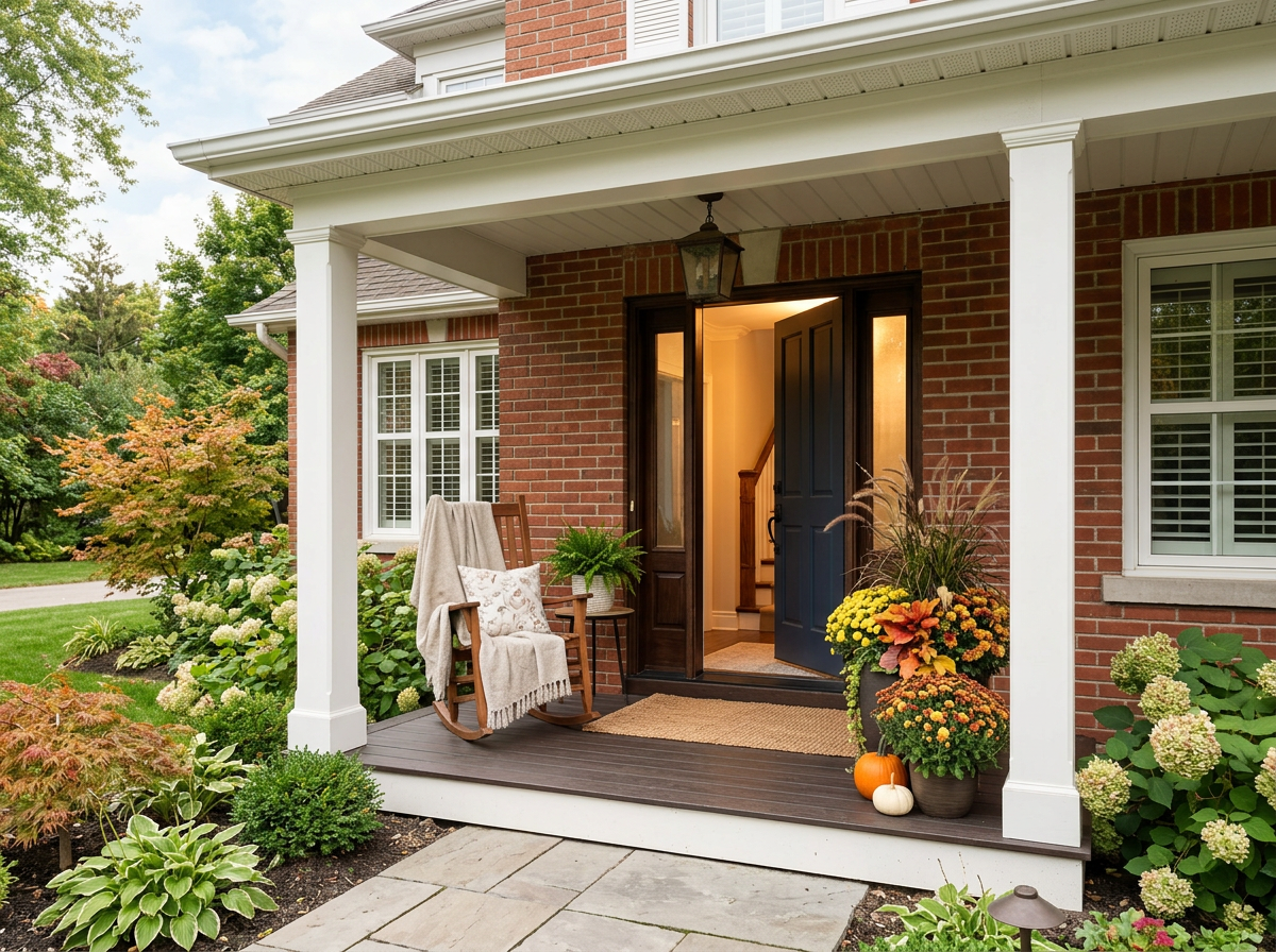 Welcoming residential home with a front porch and seasonal fall decor.