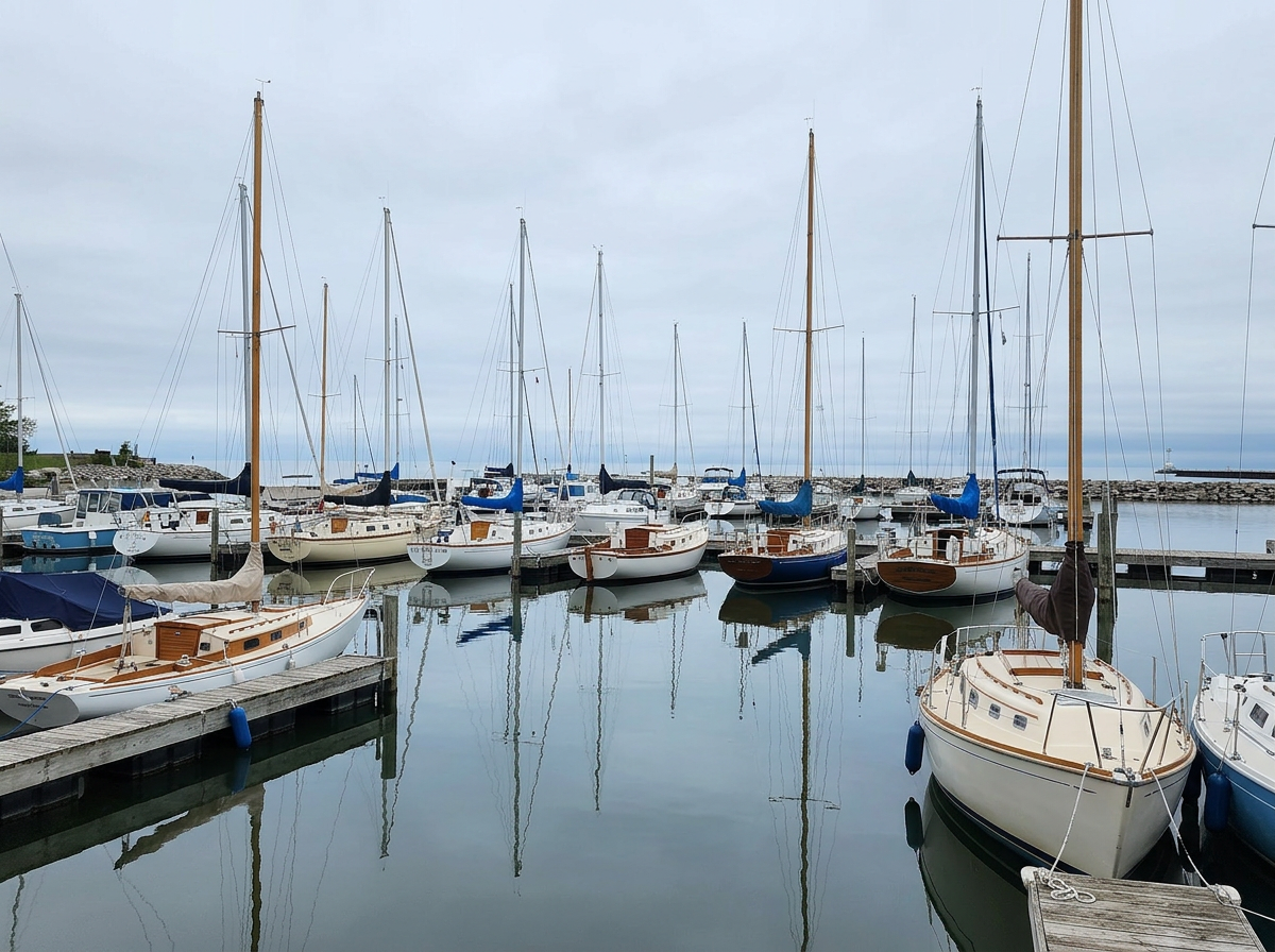 Sailboats docked at a peaceful marina on Lake Ontario.