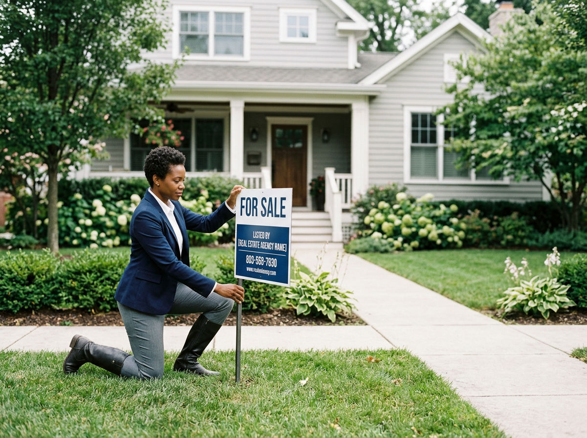 REALTOR® preparing a residential property for sale with a real estate sign.