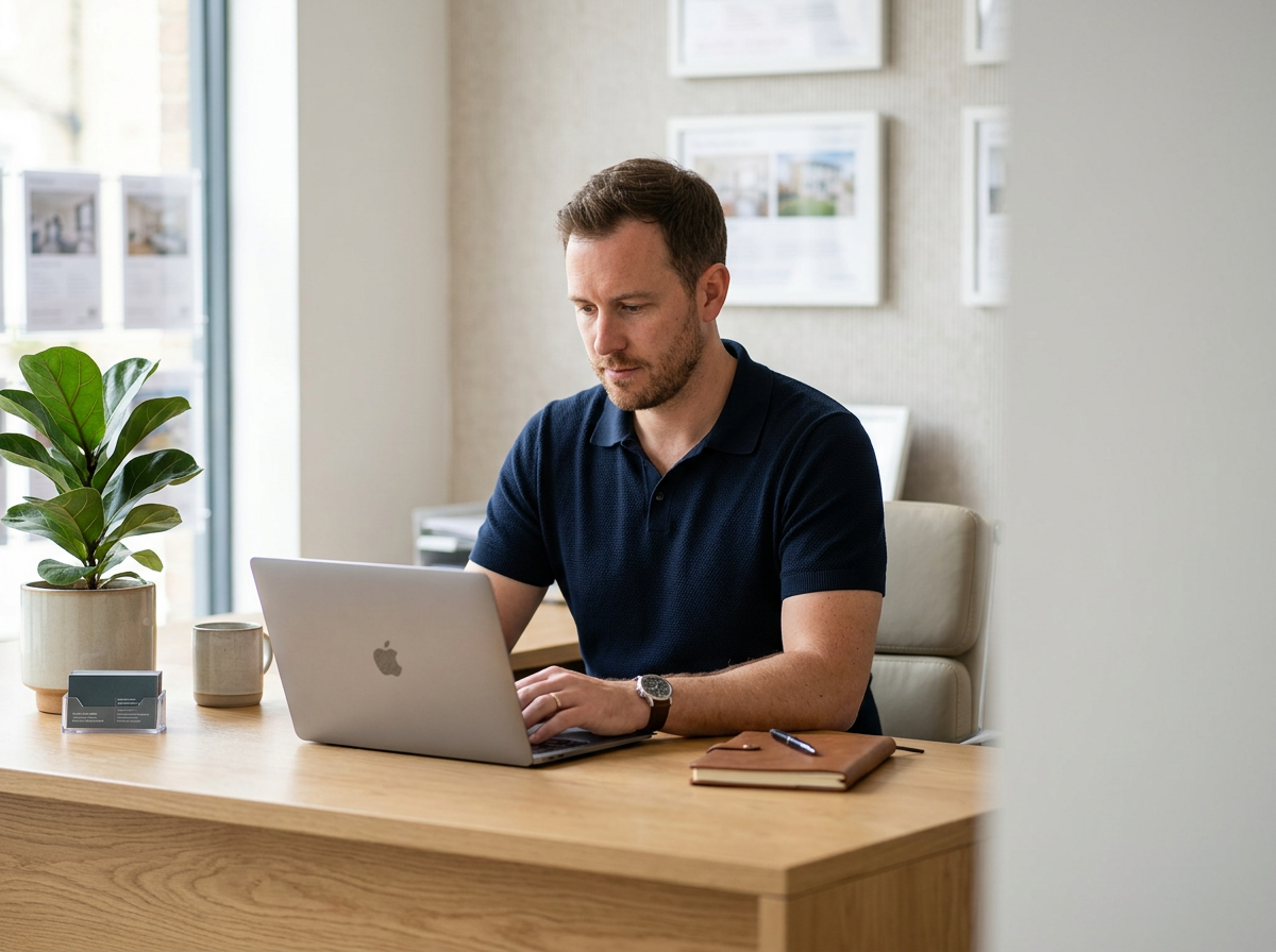REALTOR® working on a laptop in a home office.