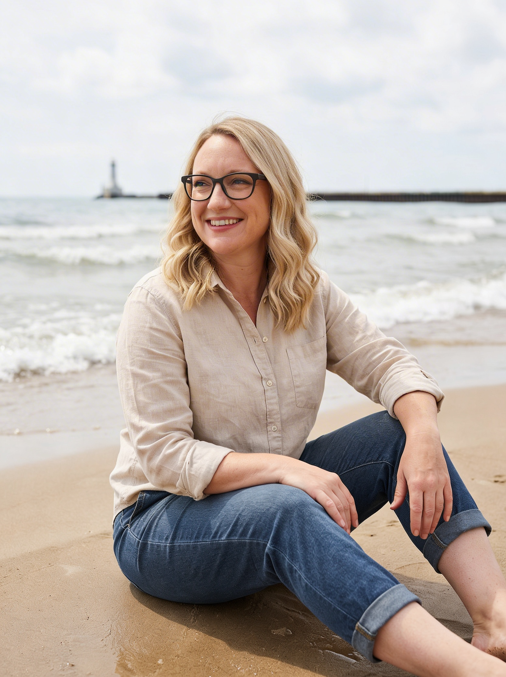 Laura Kimball of By the Lake Virtual Assistant & Co. sitting by the water with a lighthouse in the background.