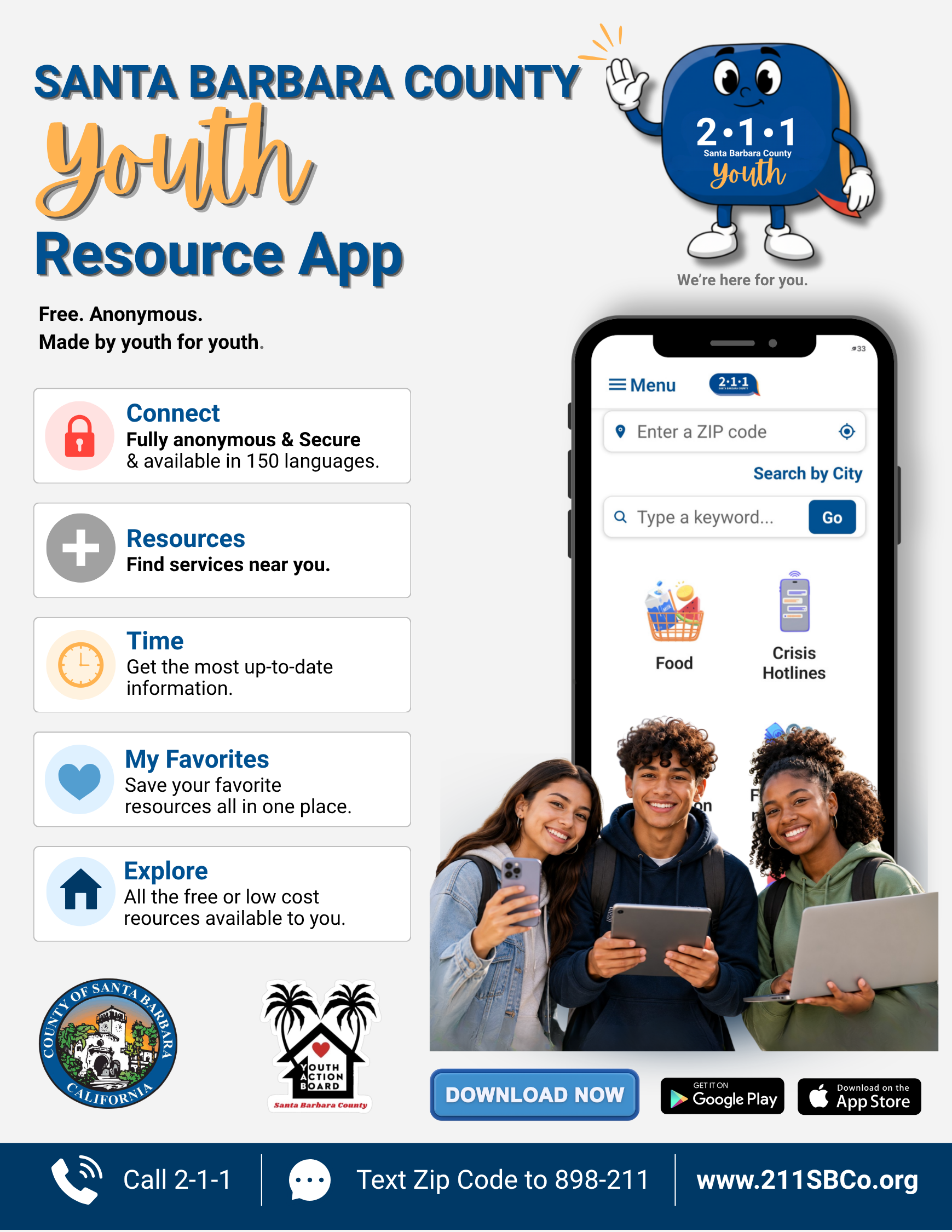 Poster promoting the Santa Barbara County Youth Resource App featuring a group of smiling young people holding smartphones, information about app features including connecting anonymously, finding local services, and accessing up-to-date information, along with download options for Google Play and the App Store.