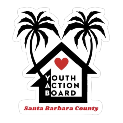 Logo of the Youth Action Board for Santa Barbara County with a house outline, two palm trees, a red heart, and text.