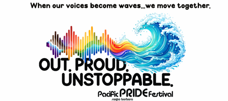 Graphic design promoting the Pacific Pride Festival with colorful sound waves transforming into ocean waves, and text reading 'Out Proud. Unstoppable.'