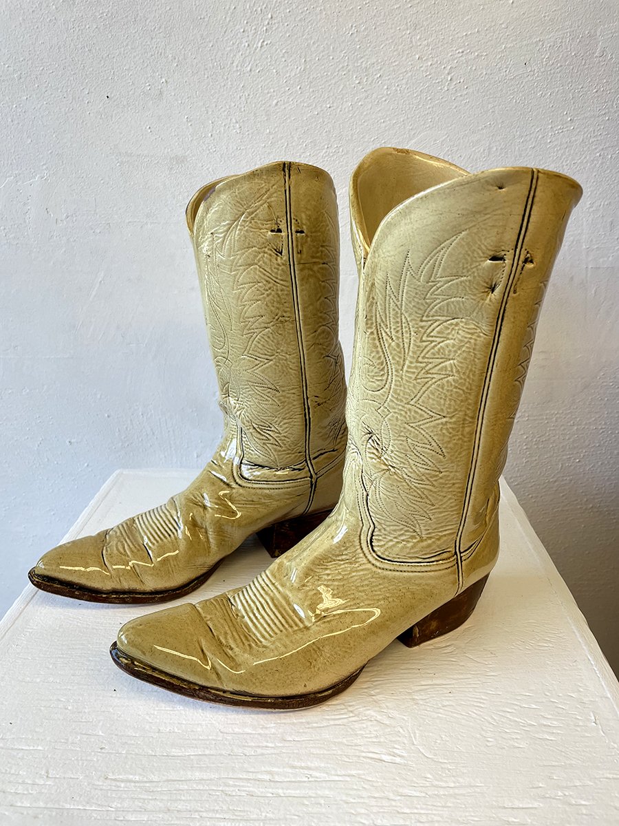 pottery boots by Sydney Mehlschmidt at the Gallery in Clayworks, Hamilton, MT
